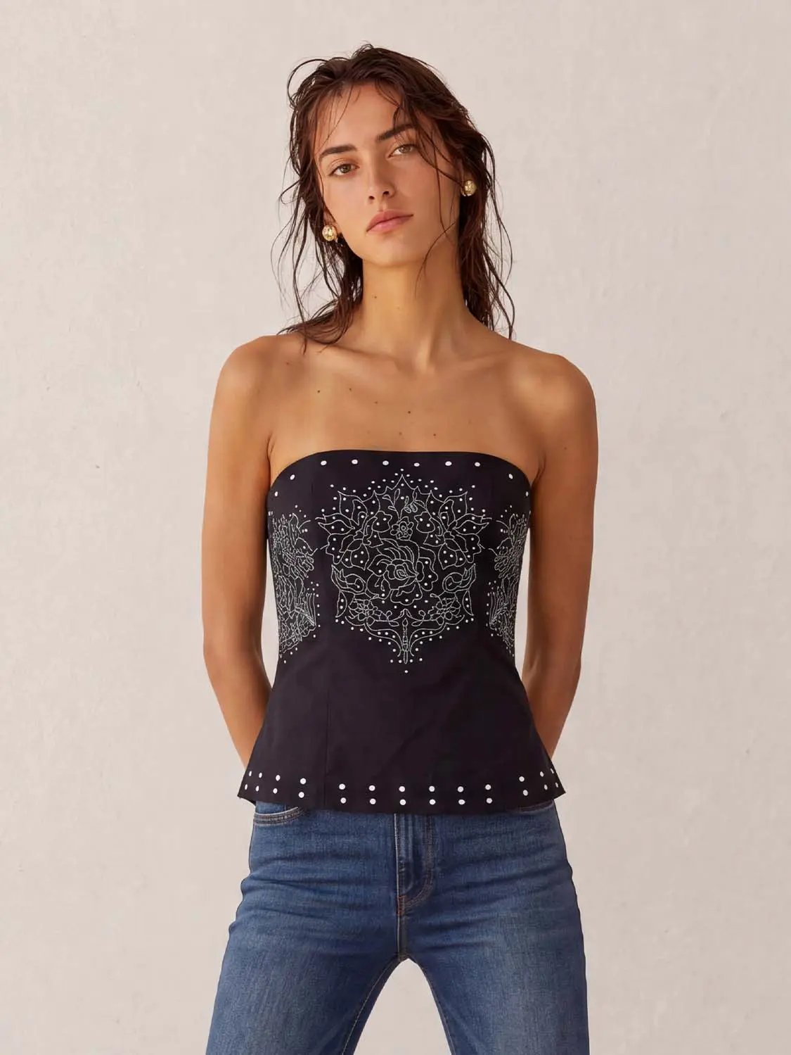 Floral Embroidered Cotton Linen Blend Strapless Blouse