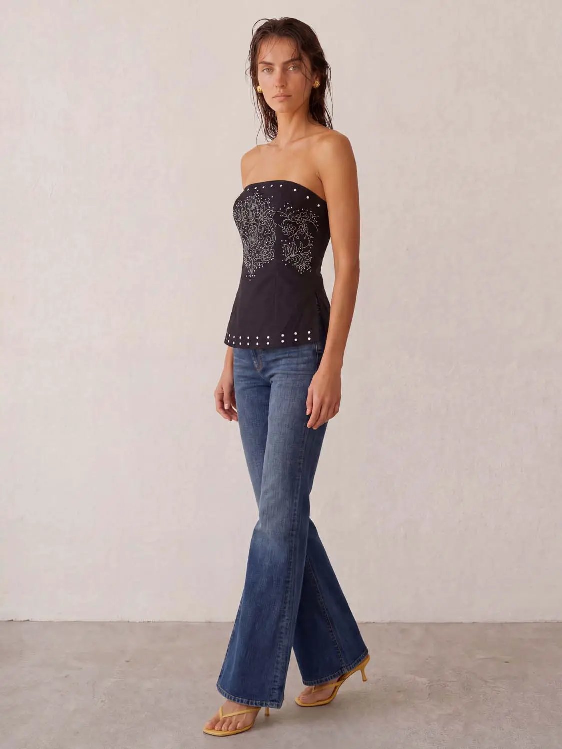 Floral Embroidered Cotton Linen Blend Strapless Blouse
