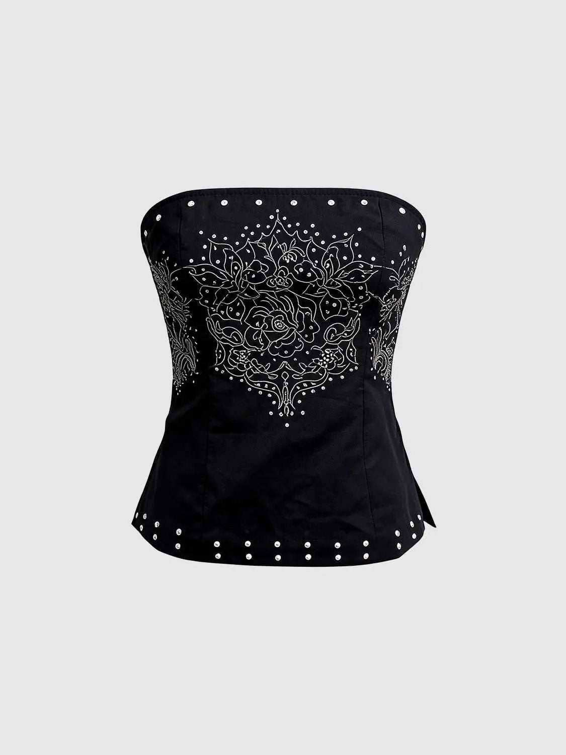 Floral Embroidered Cotton Linen Blend Strapless Blouse