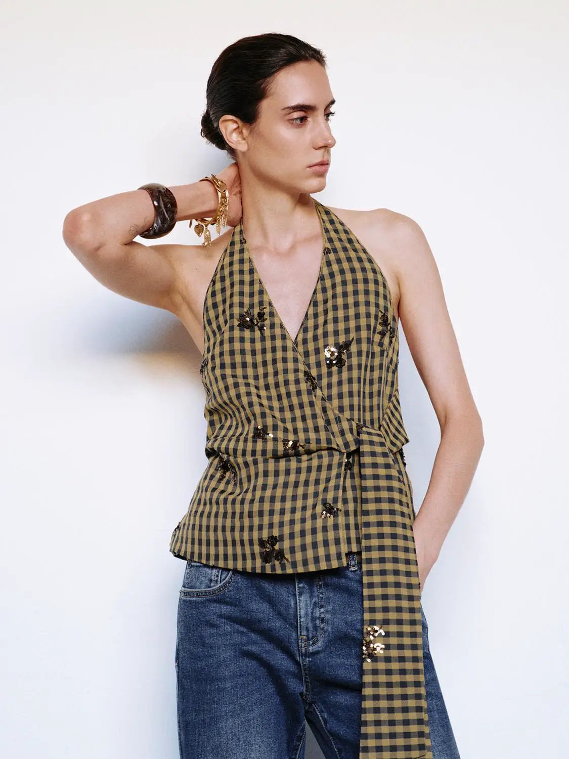Checked Floral Wrap Halter Sleeveless Shirt