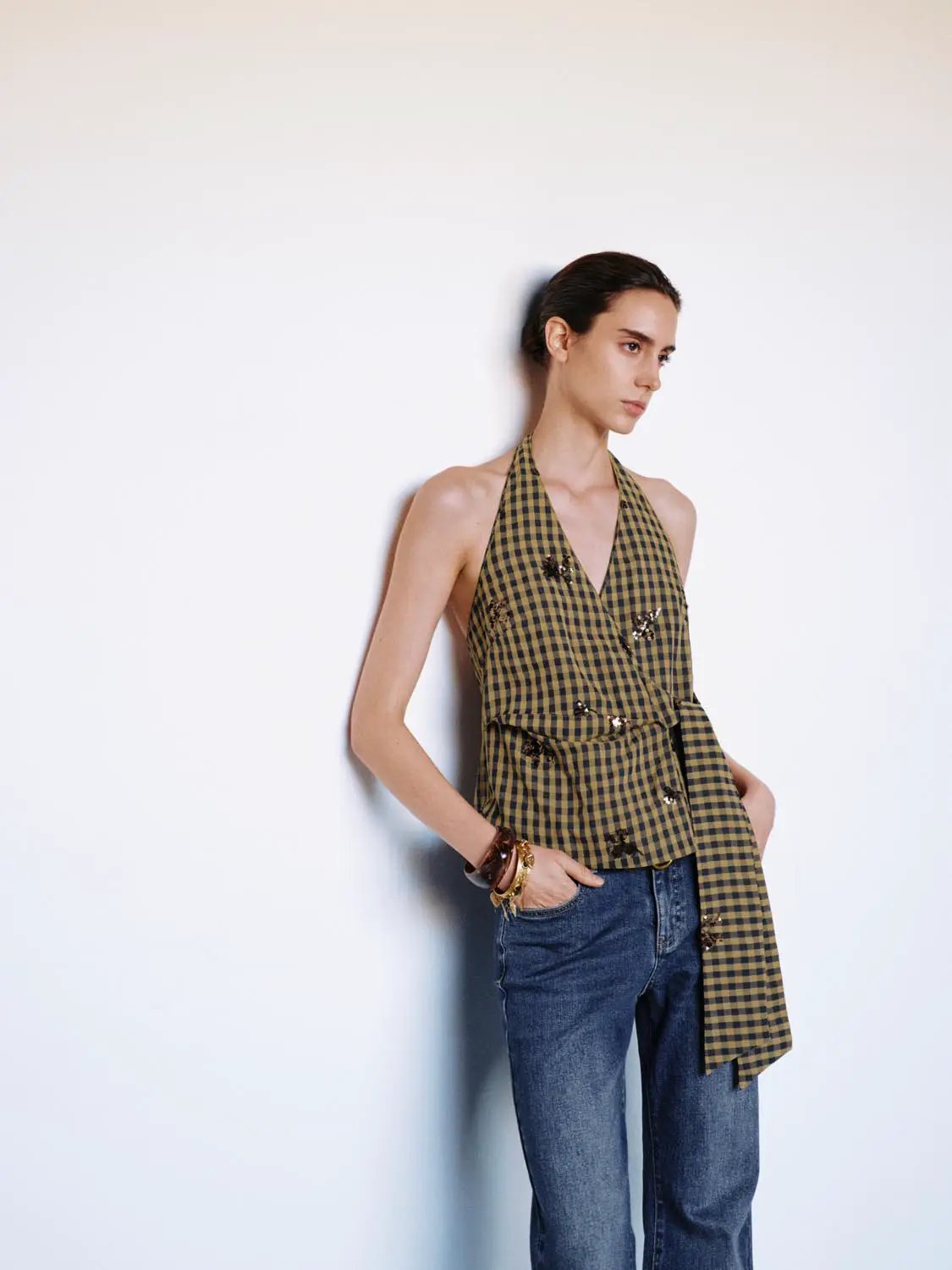Checked Floral Wrap Halter Sleeveless Shirt