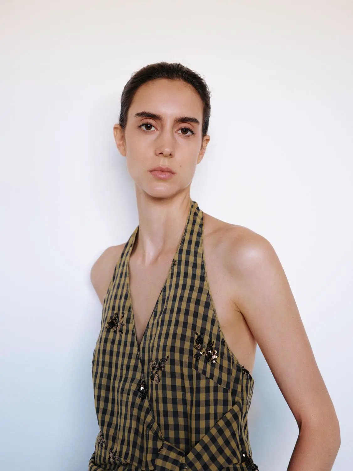 Checked Floral Wrap Halter Sleeveless Shirt