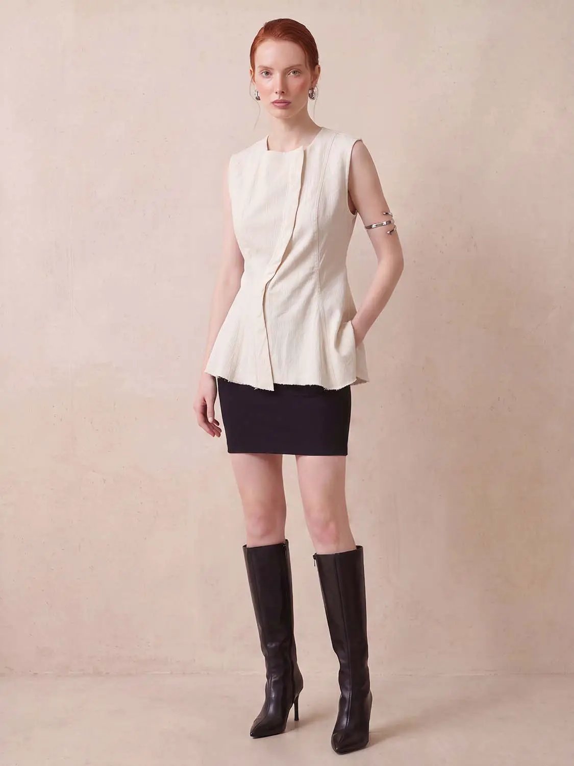 Sleeveless Cotton Open Front Raw Hem Shirt