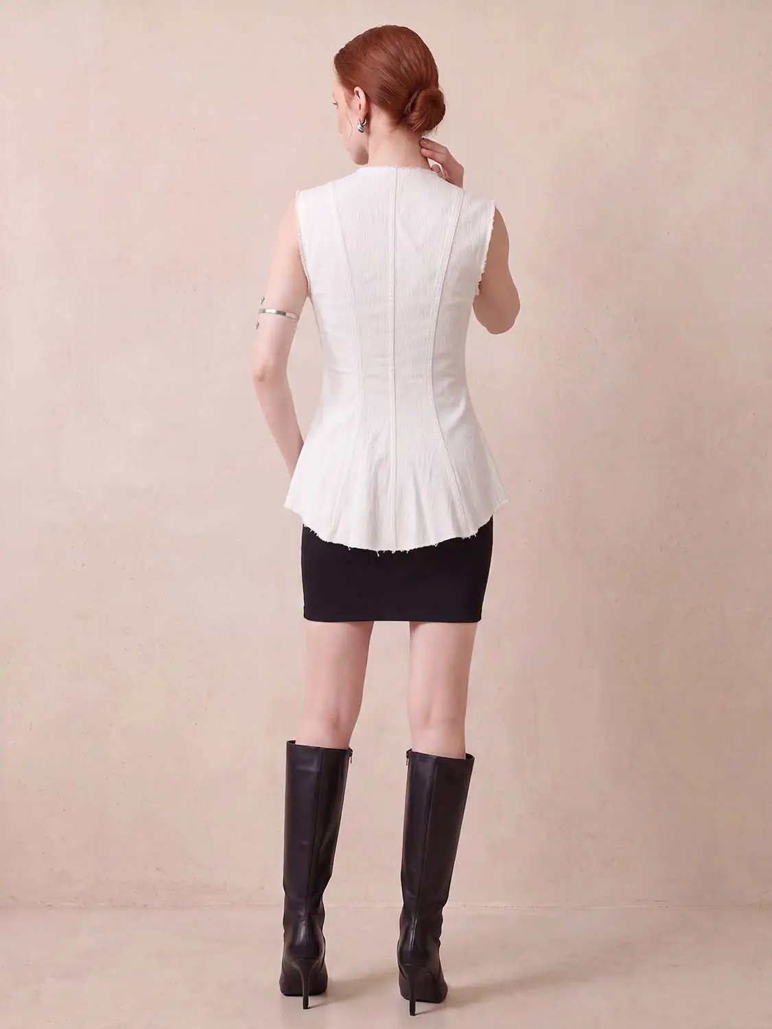 Sleeveless Cotton Open Front Raw Hem Shirt