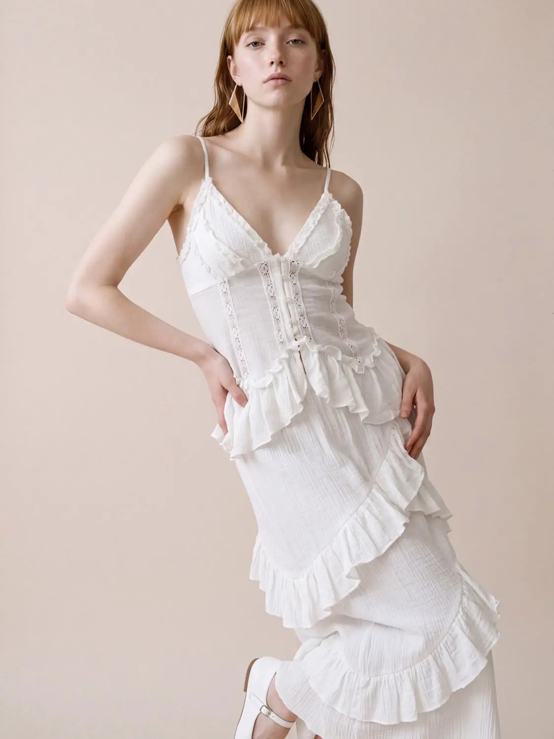 Ruffled Lace V-Neck Button Front Sleeveless Cami Top