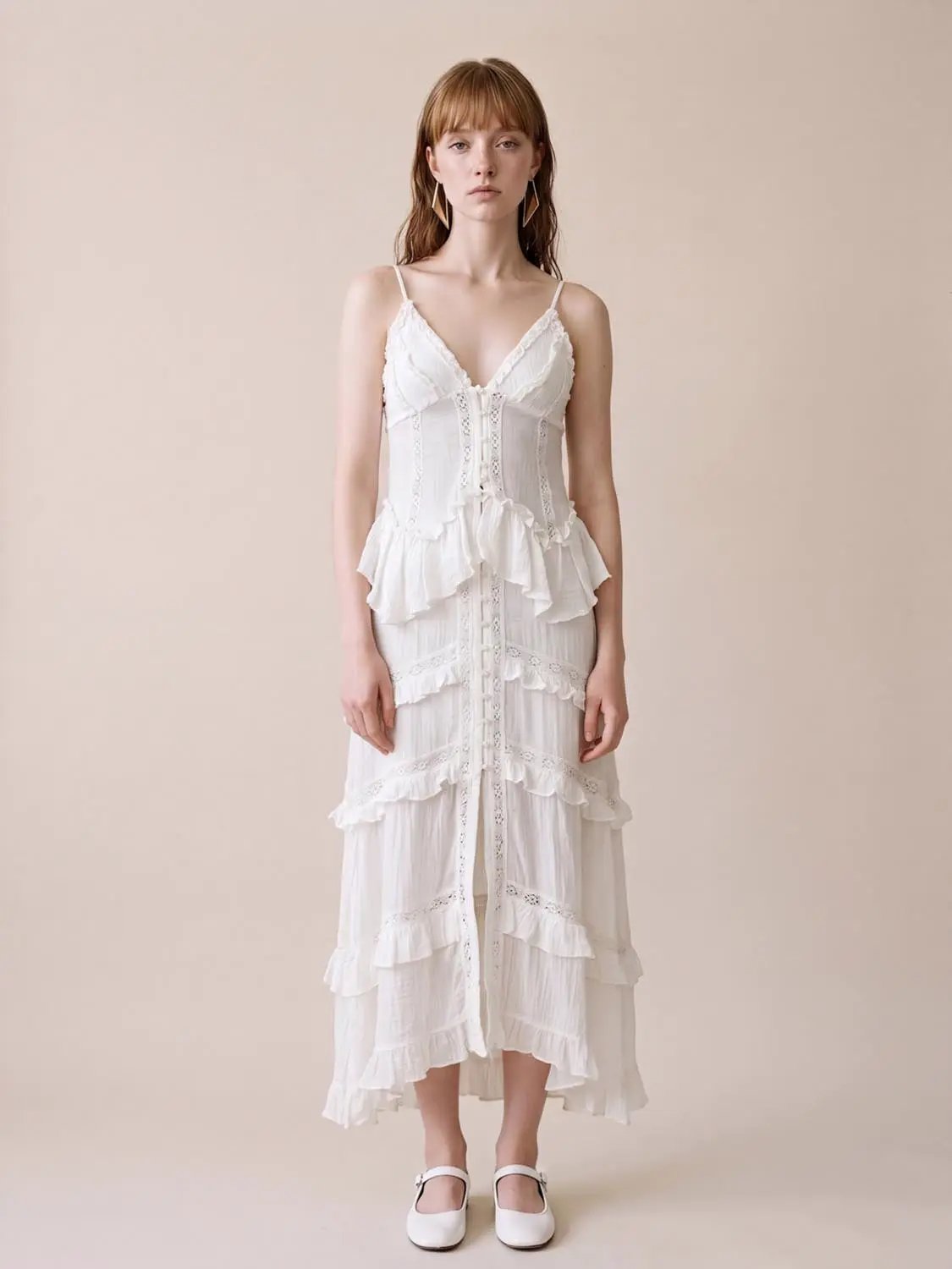 Ruffled Lace V-Neck Button Front Sleeveless Cami Top