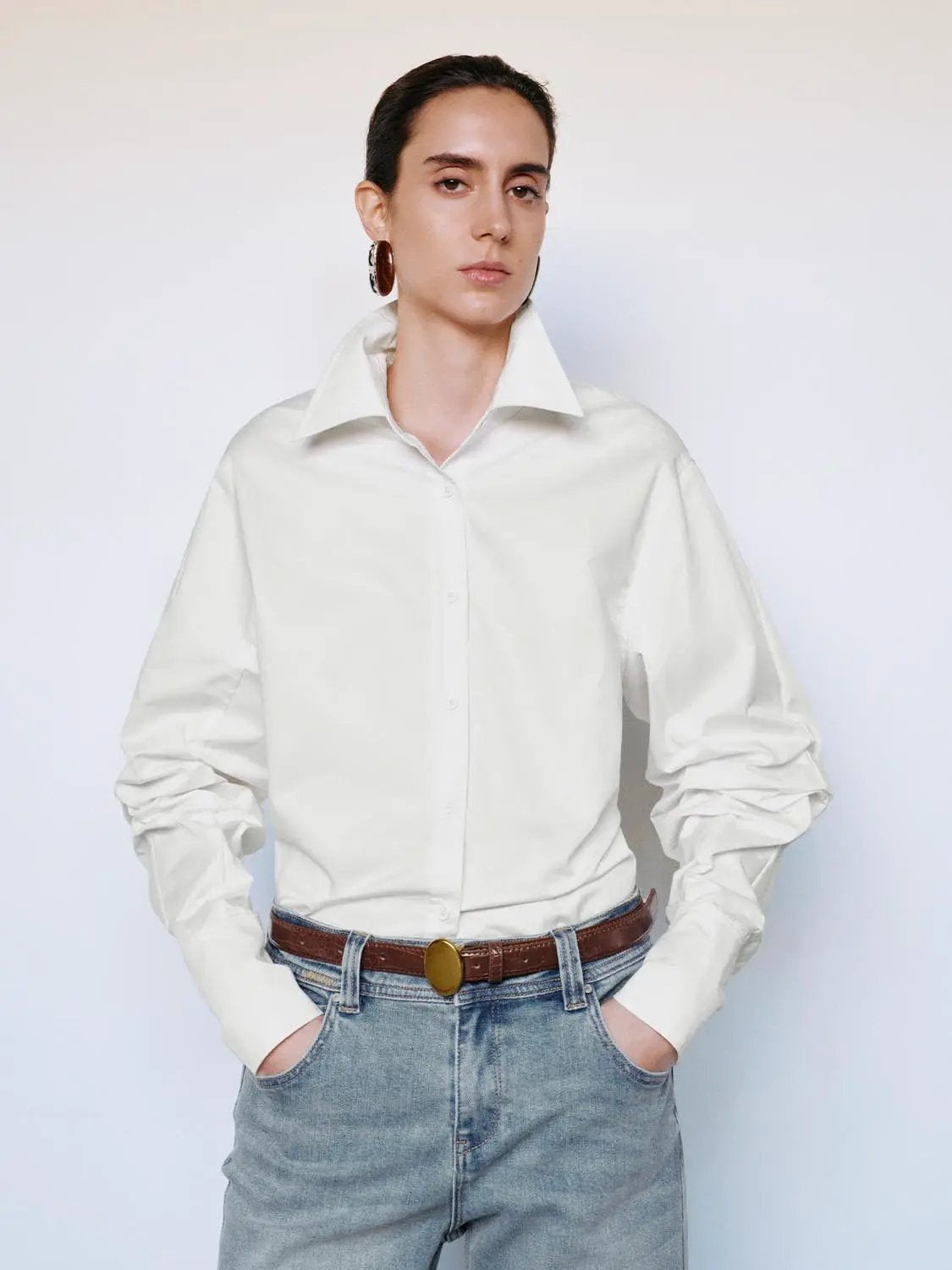 Ruched Shirt Collar Long Sleeve Cotton Blend Shirt