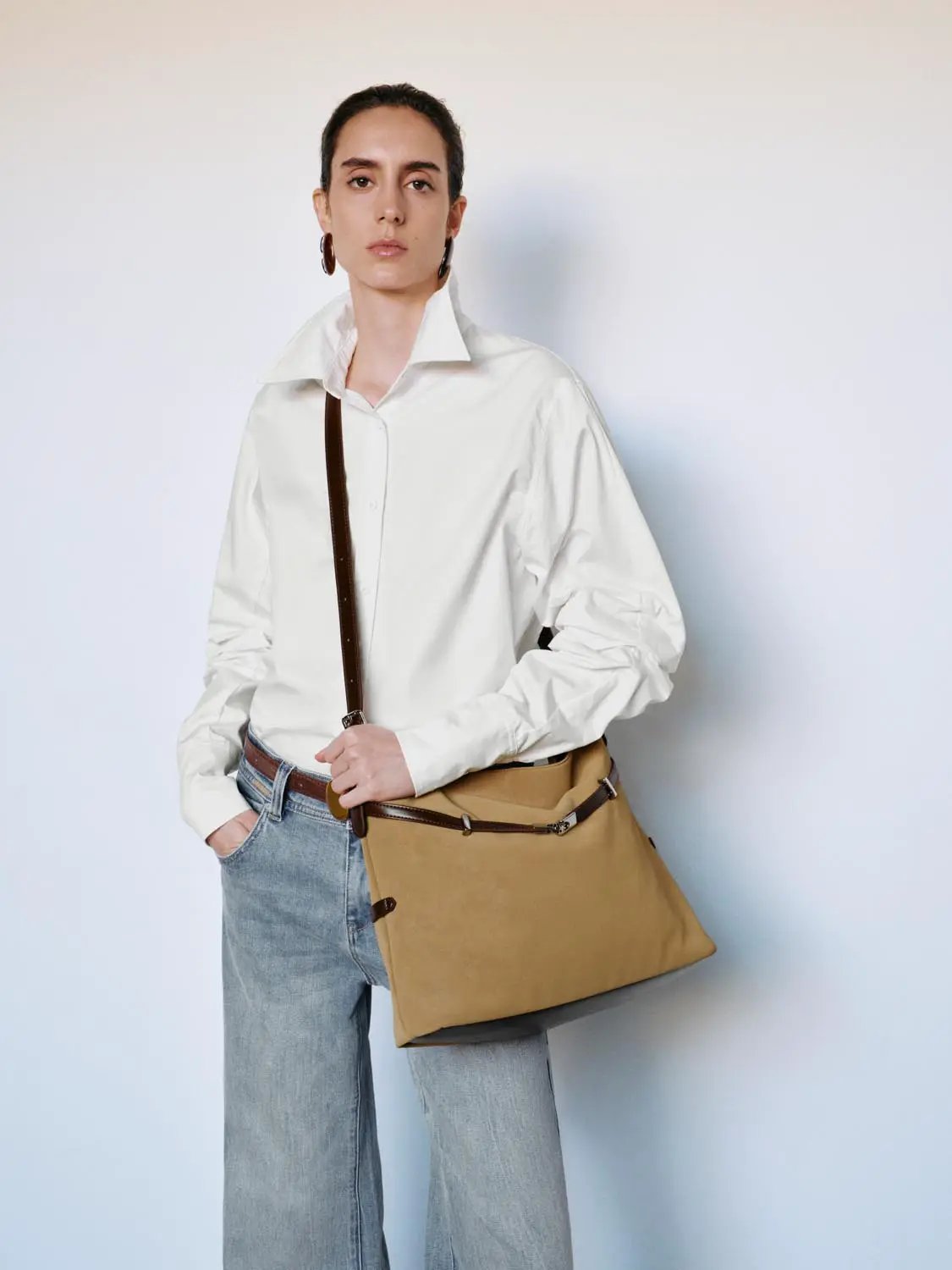 Ruched Shirt Collar Long Sleeve Cotton Blend Shirt