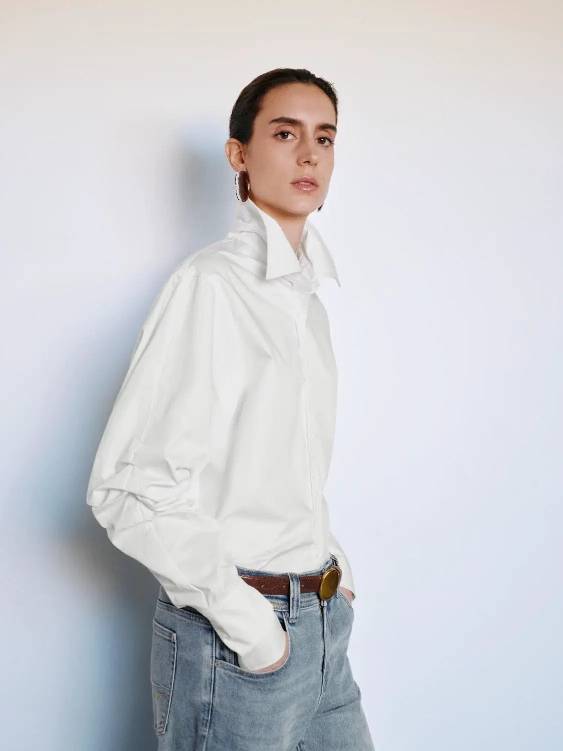 Ruched Shirt Collar Long Sleeve Cotton Blend Shirt