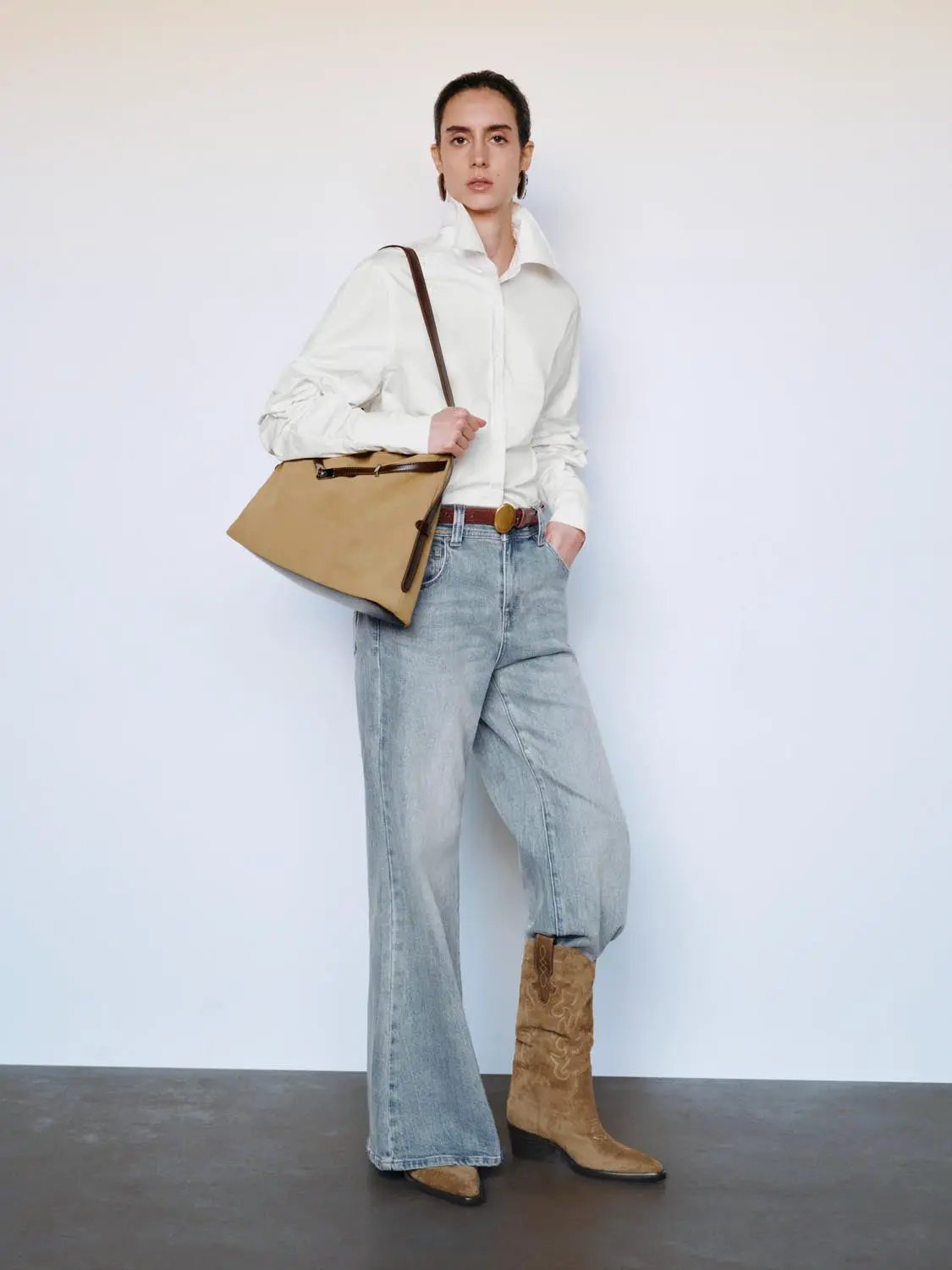 Ruched Shirt Collar Long Sleeve Cotton Blend Shirt