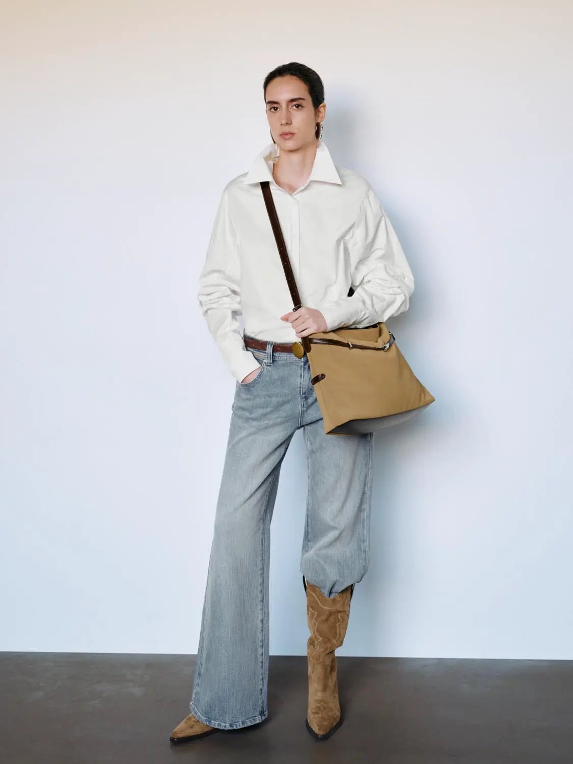 Ruched Shirt Collar Long Sleeve Cotton Blend Shirt