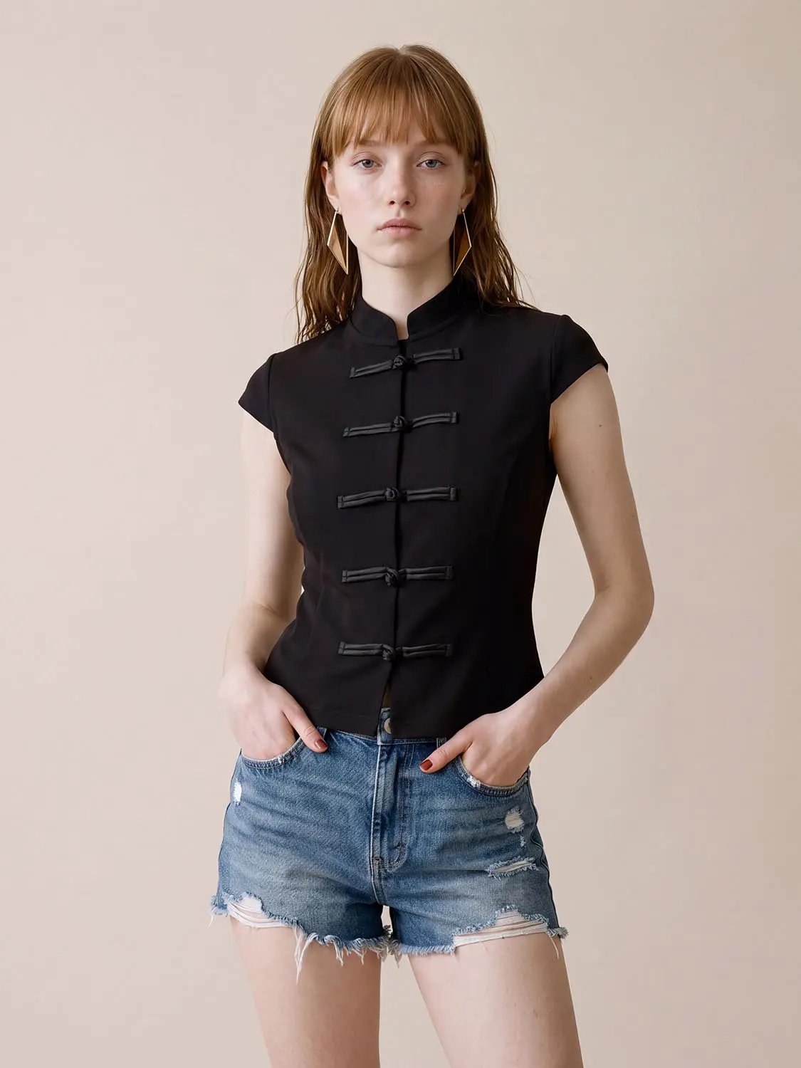 Frog Button Mandarin Collar Fitted Sleeveless Cardigan