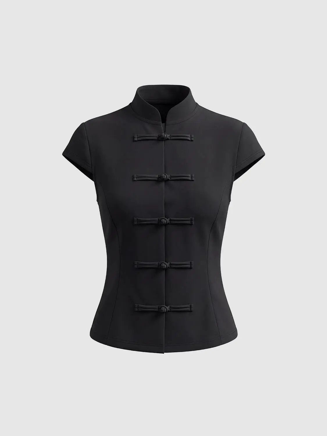 Frog Button Mandarin Collar Fitted Sleeveless Cardigan