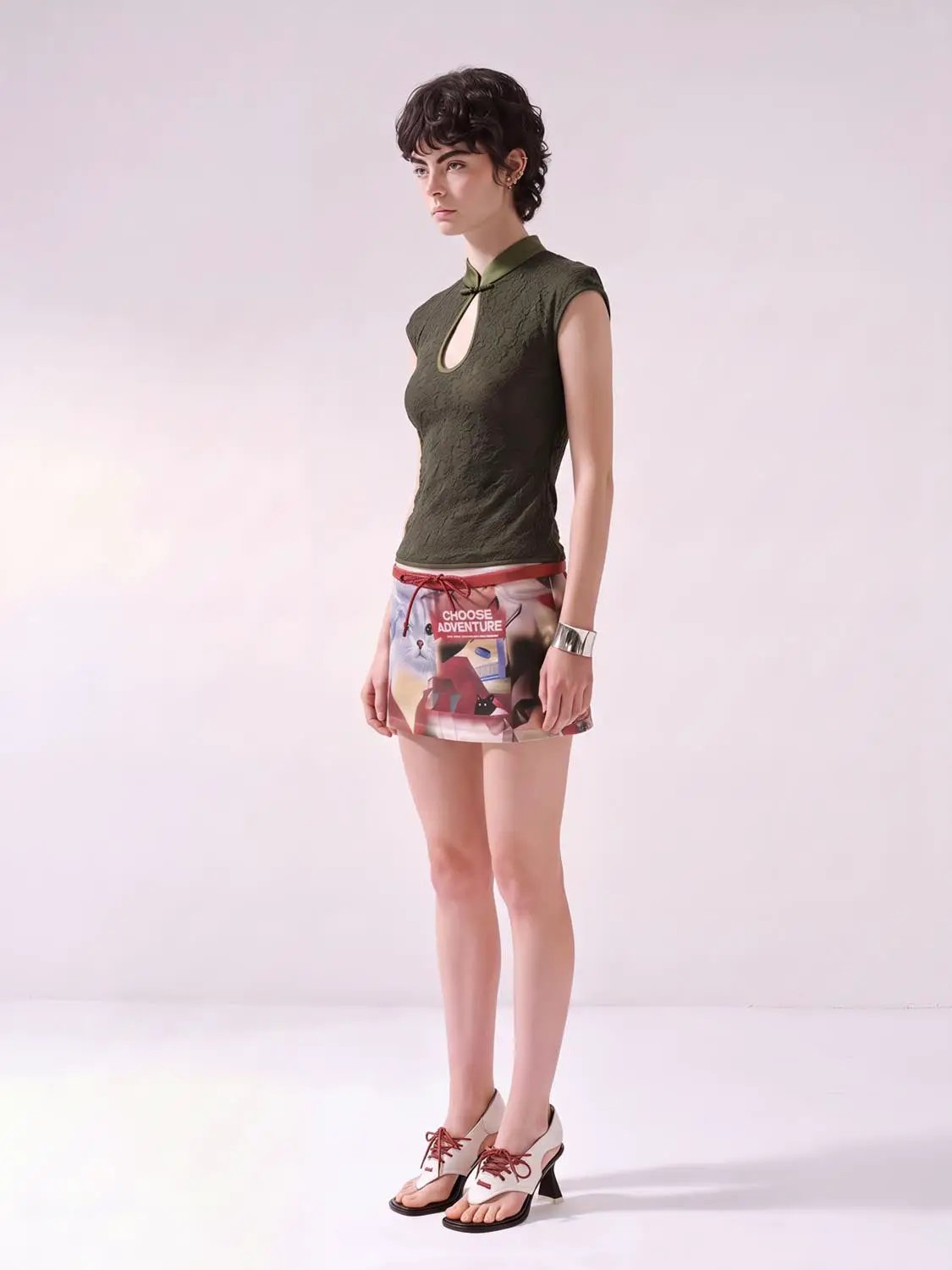 Mandarin Collar Keyhole Lace Short Sleeve Blouse