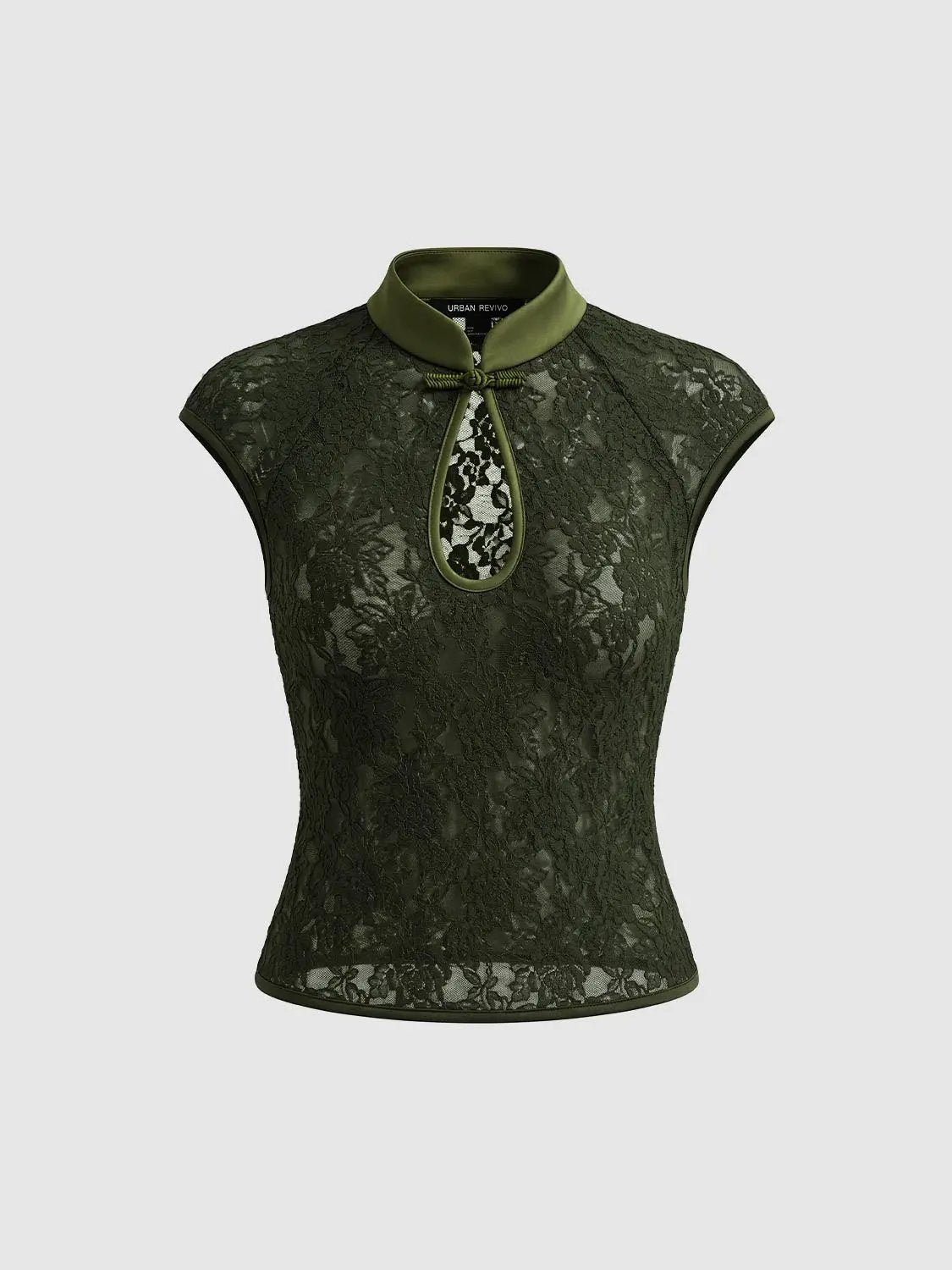 Mandarin Collar Keyhole Lace Short Sleeve Blouse