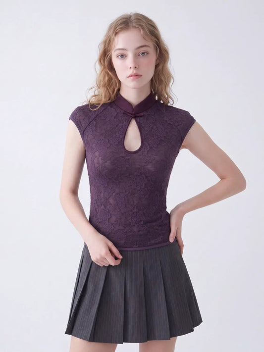 Mandarin Collar Keyhole Lace Short Sleeve Blouse