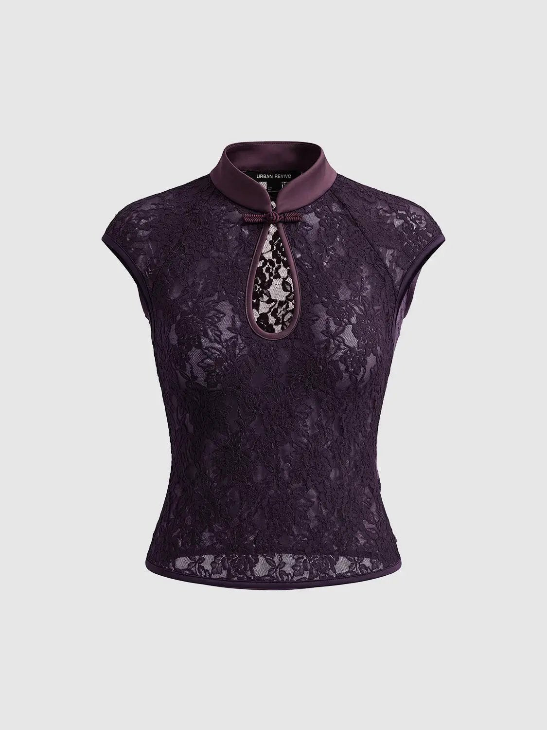 Mandarin Collar Keyhole Lace Short Sleeve Blouse