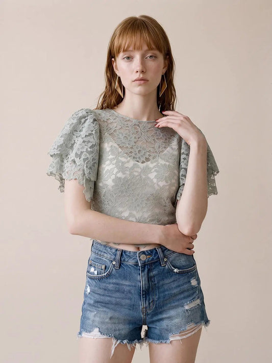 Textured Floral Lace Cropped Short Sleeve Blouse