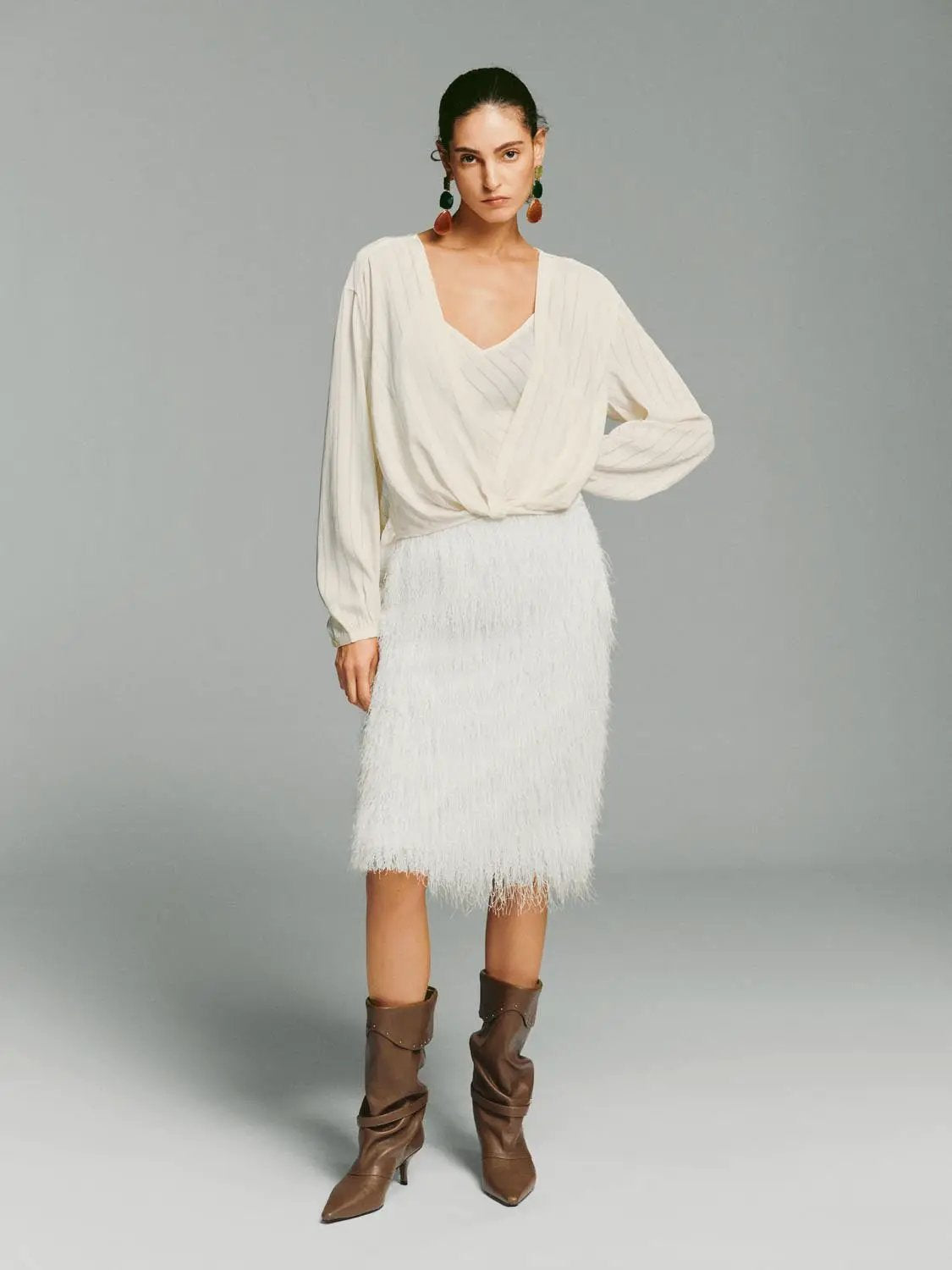 Ribbed Wrap V-neck Long Sleeve Twisted Waist Blouse