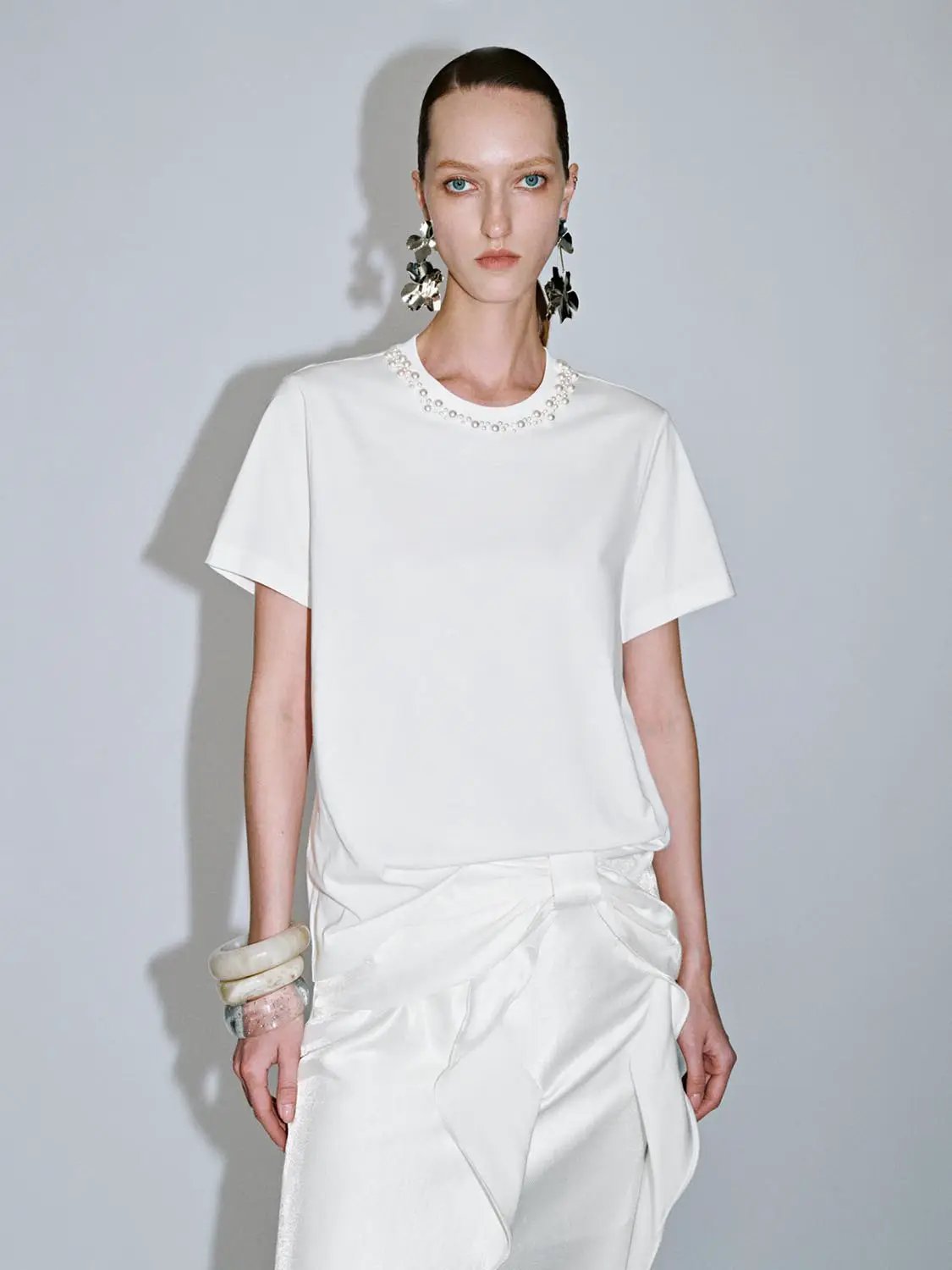 Crew Neck Pearl Embellished Short Sleeve Cotton T-Shirt