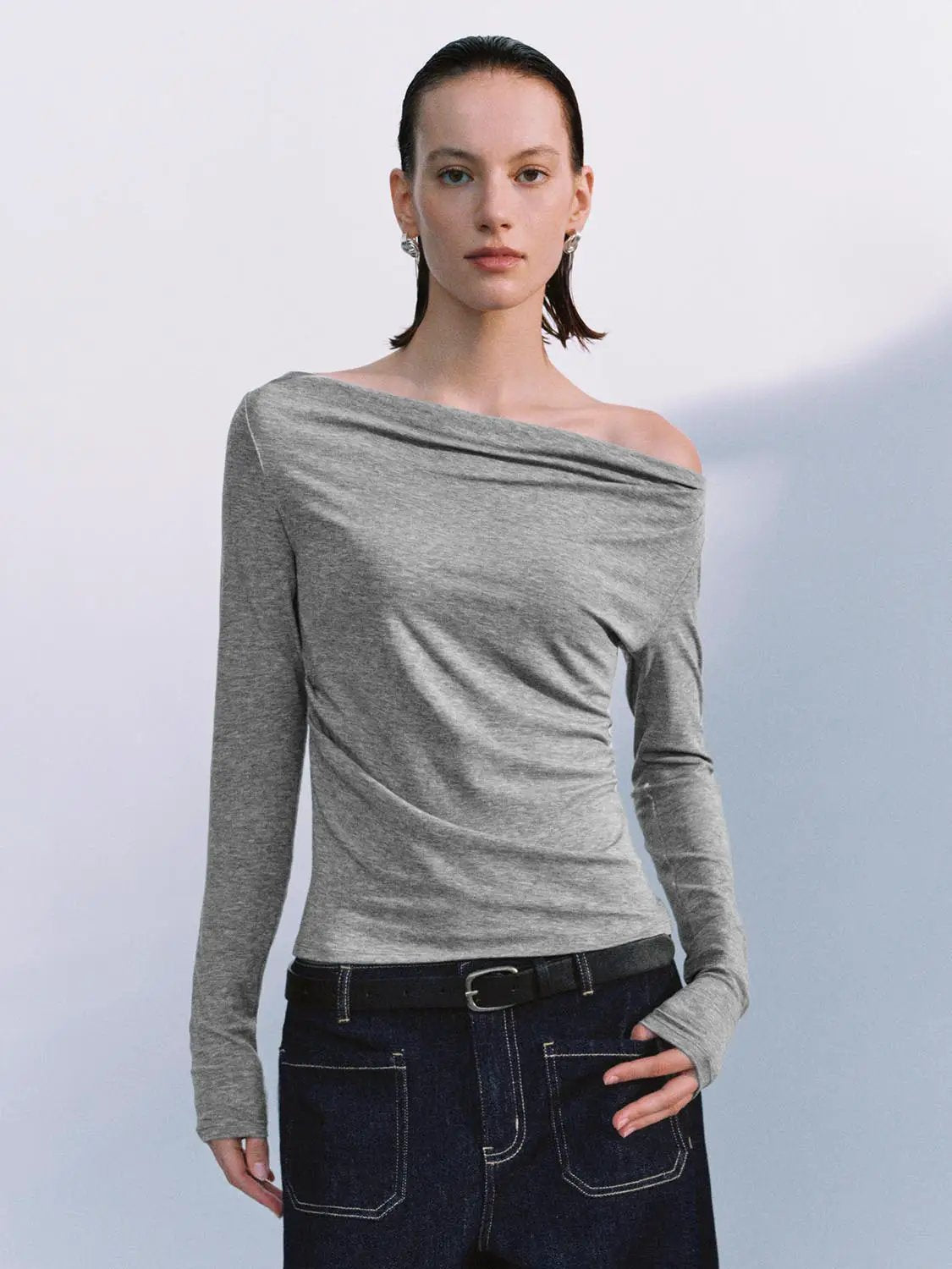 Off Shoulder Draped Side Ruched Long Sleeve Top