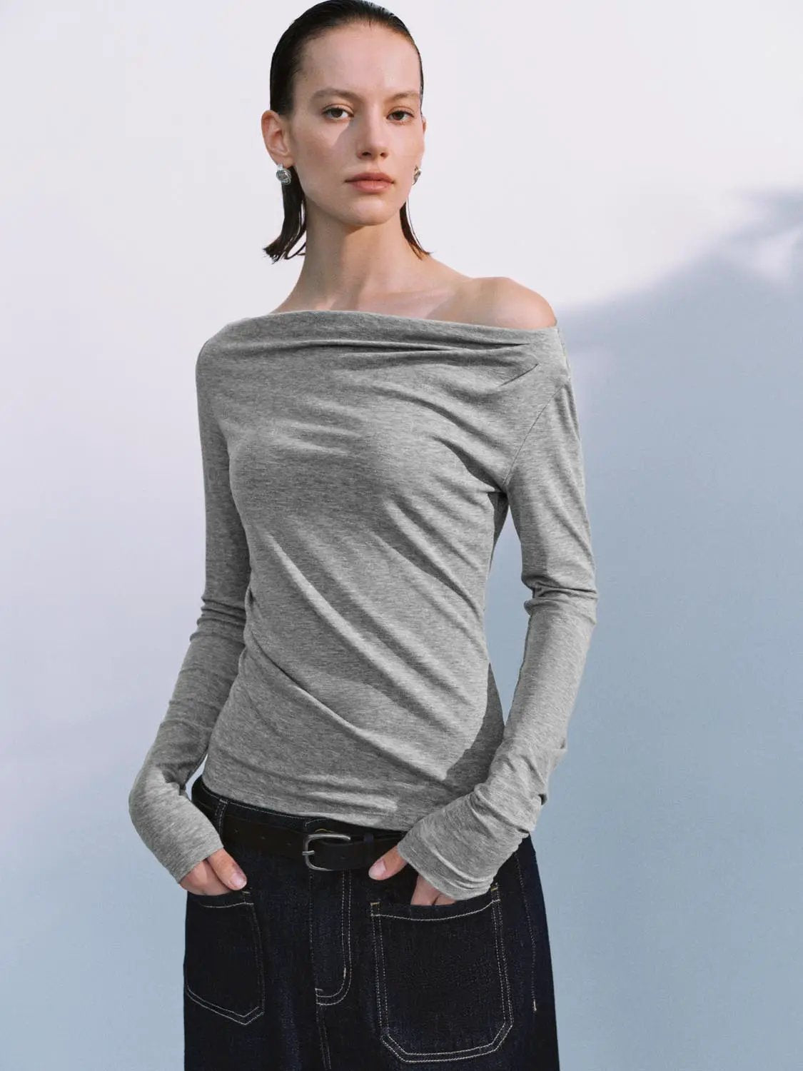 Off Shoulder Draped Side Ruched Long Sleeve Top