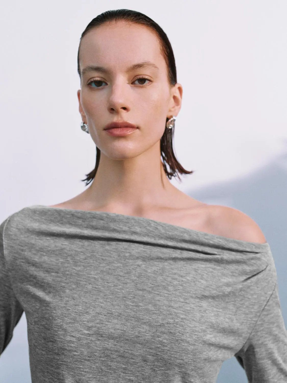 Off Shoulder Draped Side Ruched Long Sleeve Top