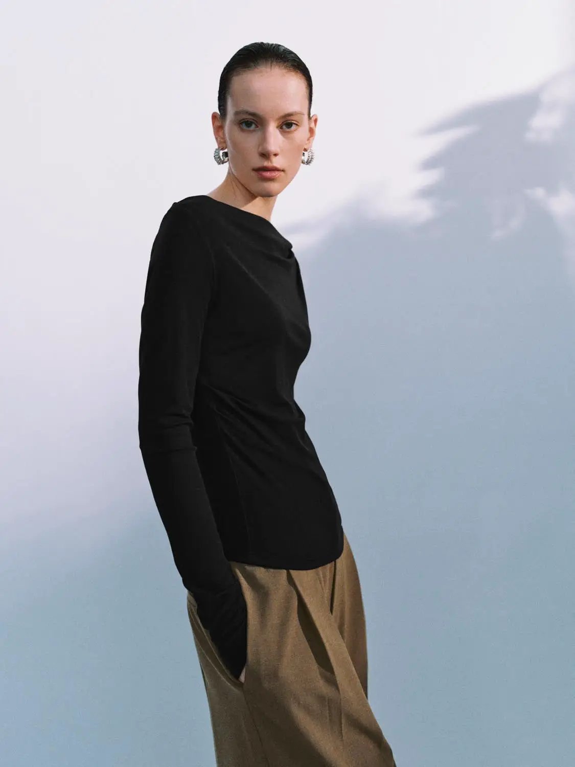 Off Shoulder Draped Side Ruched Long Sleeve Top