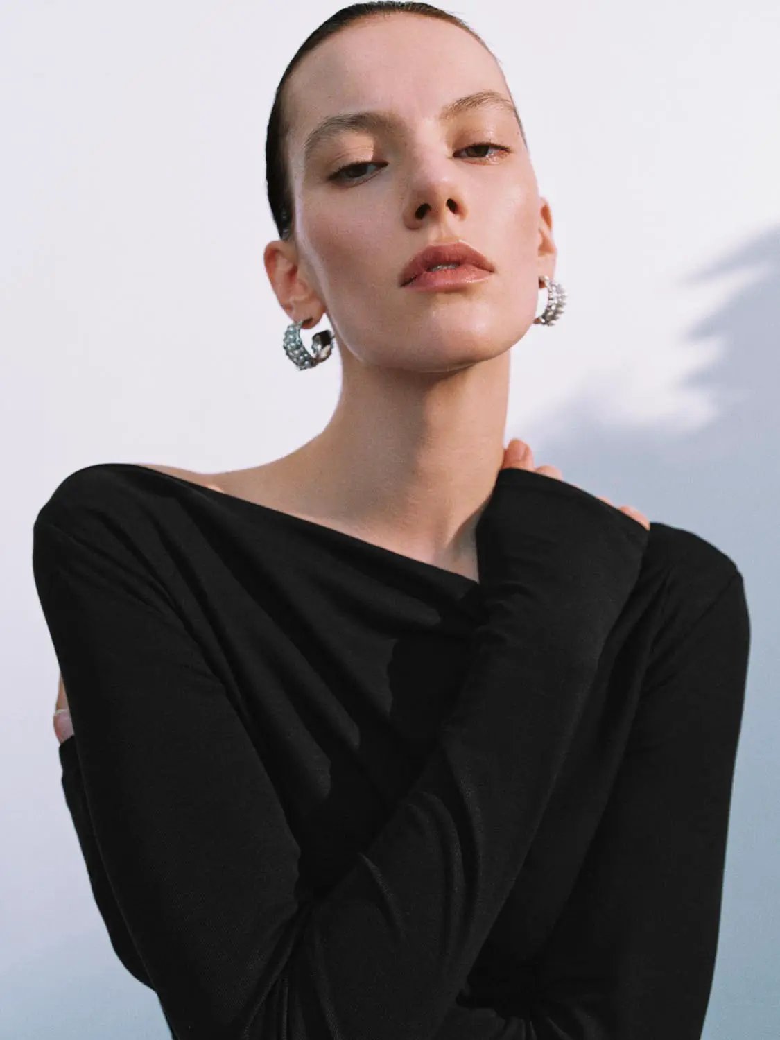 Off Shoulder Draped Side Ruched Long Sleeve Top