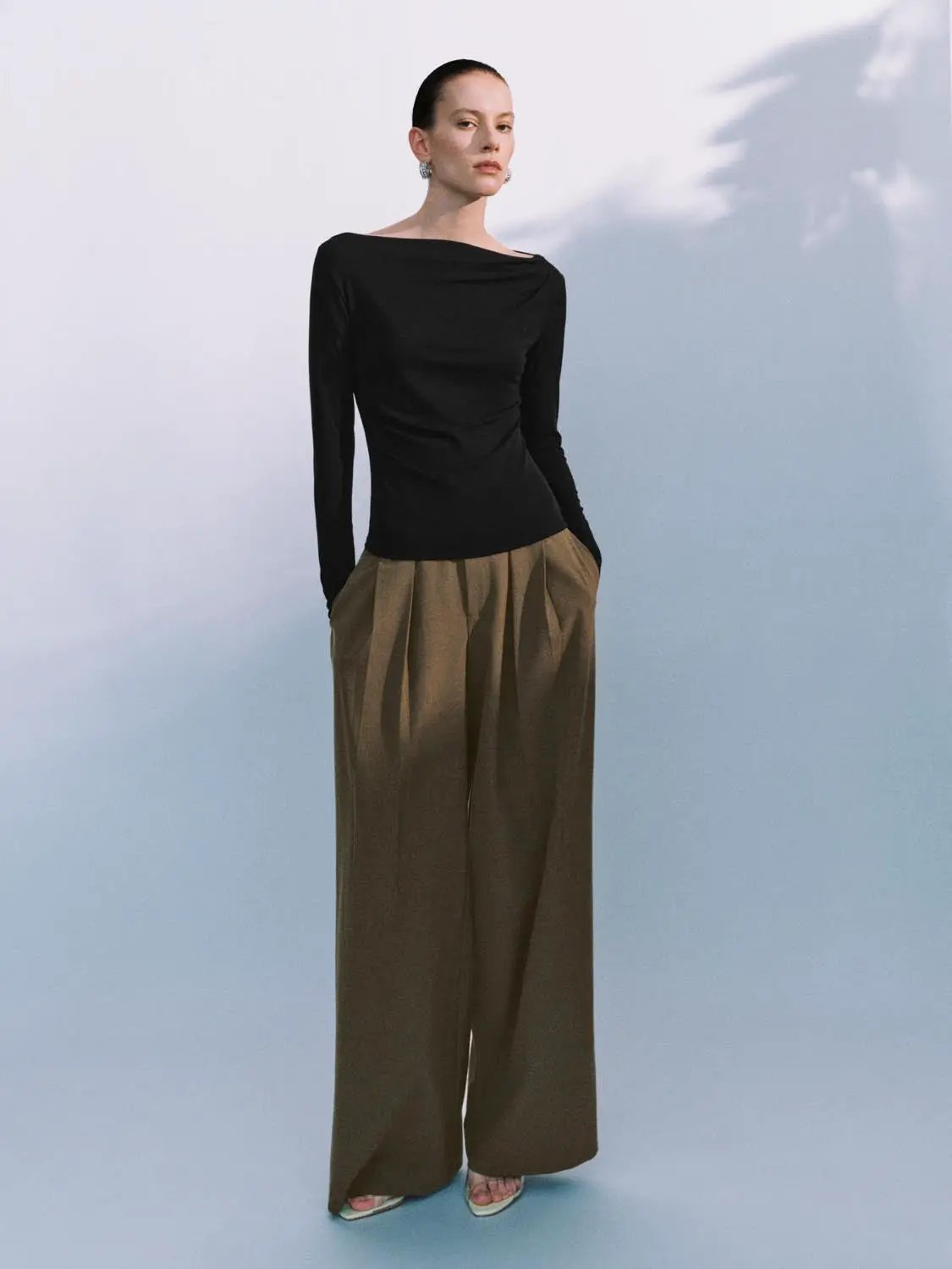 Off Shoulder Draped Side Ruched Long Sleeve Top