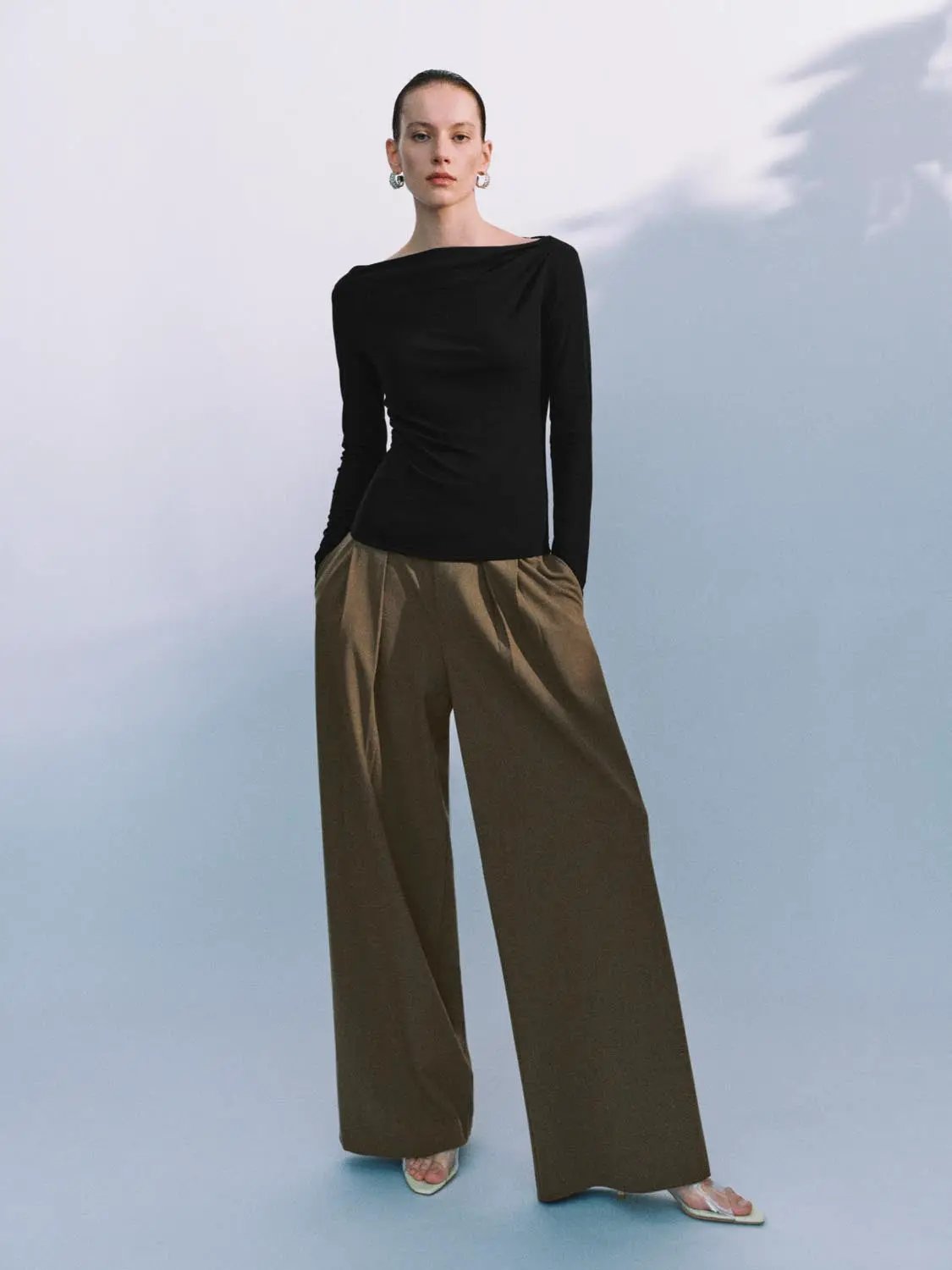 Off Shoulder Draped Side Ruched Long Sleeve Top