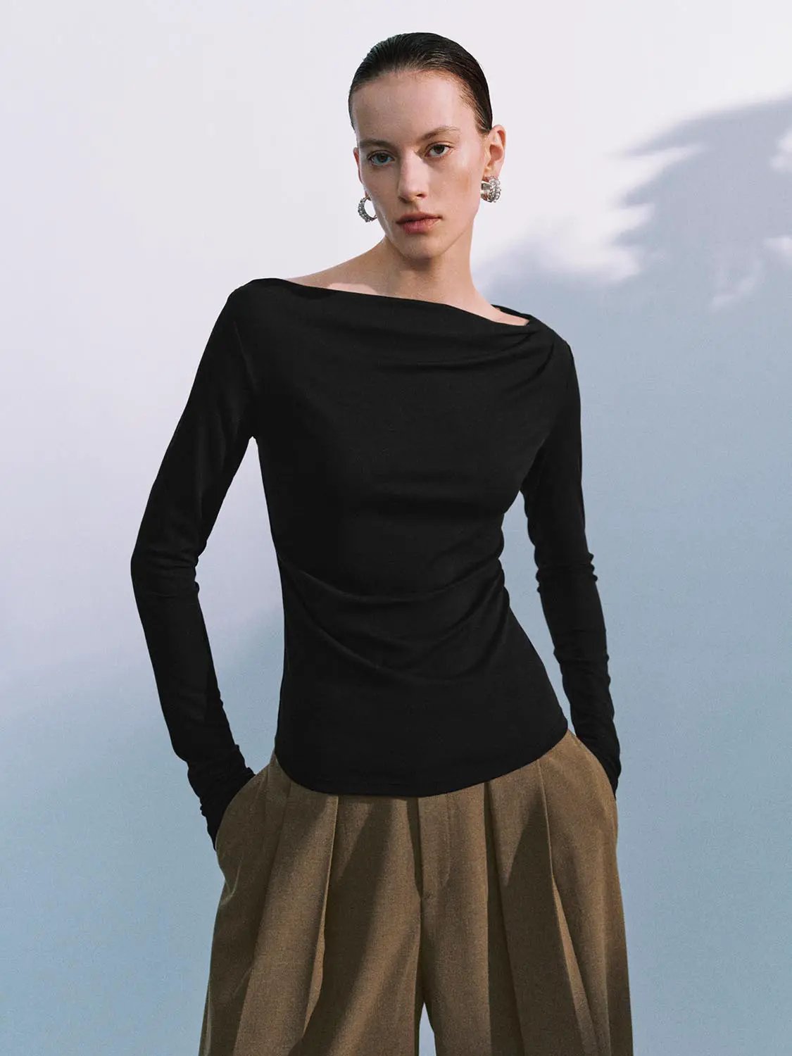 Off Shoulder Draped Side Ruched Long Sleeve Top