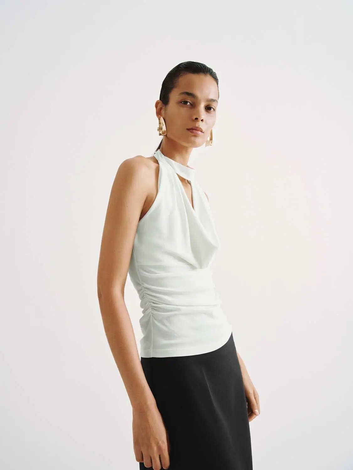 Halter Cowl Neck Ruched Sleeveless Slim Tank Top