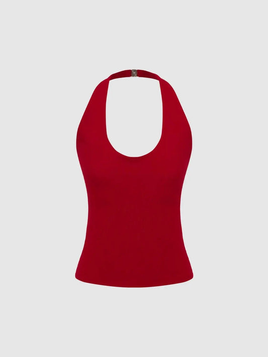 Slim Fitted Halter Neck Sleeveless Cotton Blend Tank Top