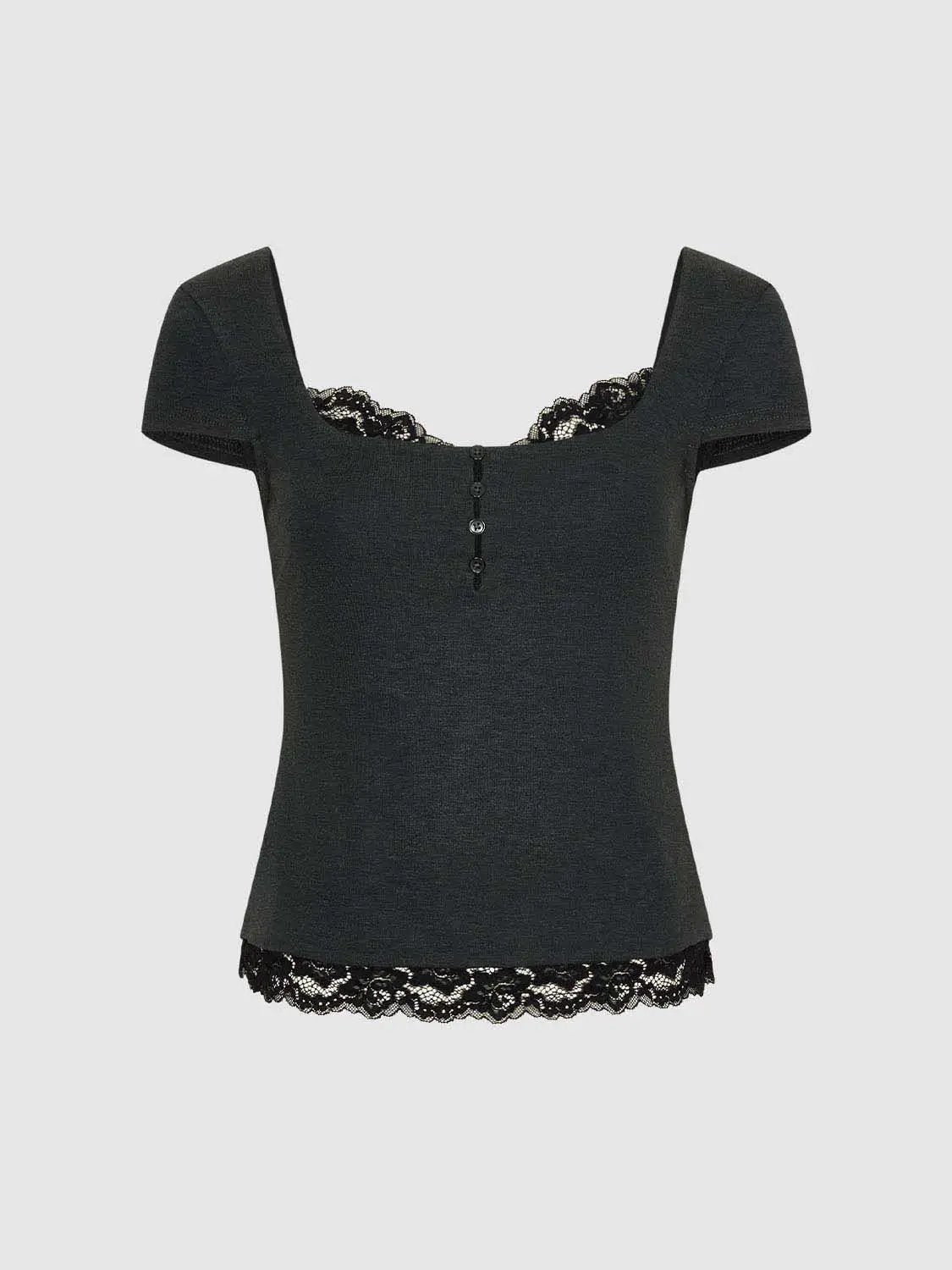 Lace Trim Knit Blouse With Button Placket