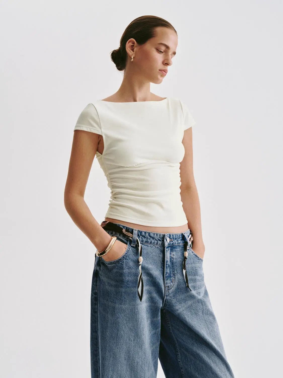 Panelled Boat Neck Short Sleeve Fitted T-shirt