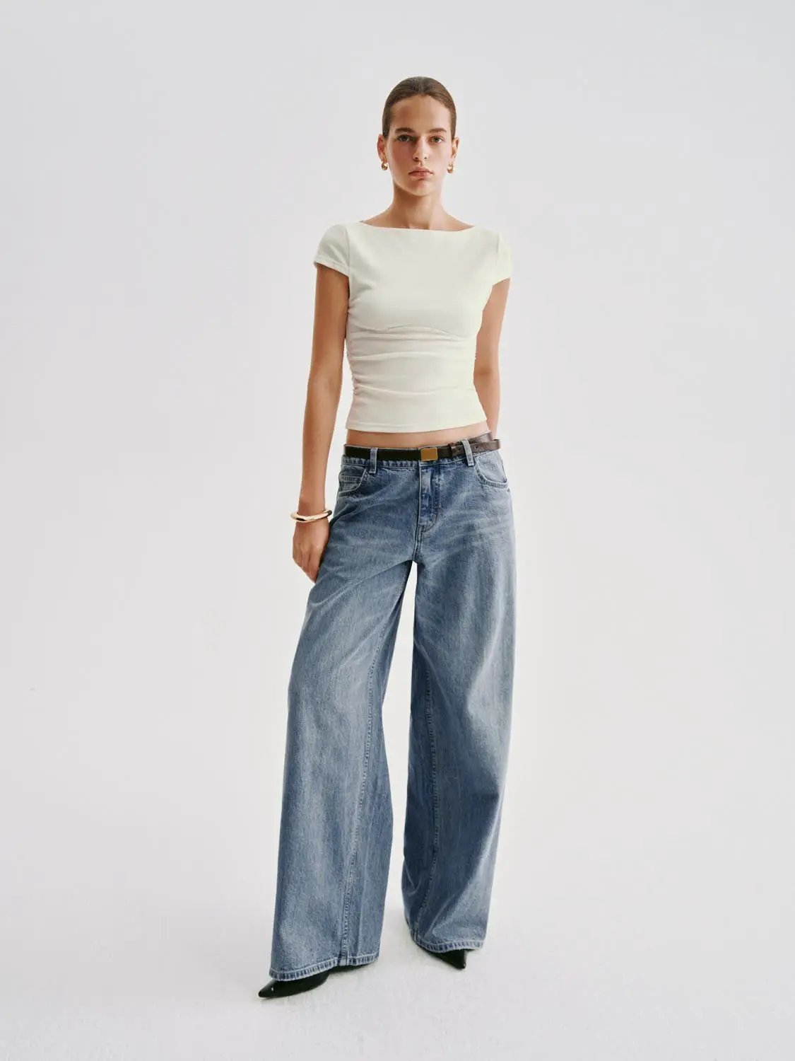 Panelled Boat Neck Short Sleeve Fitted T-shirt