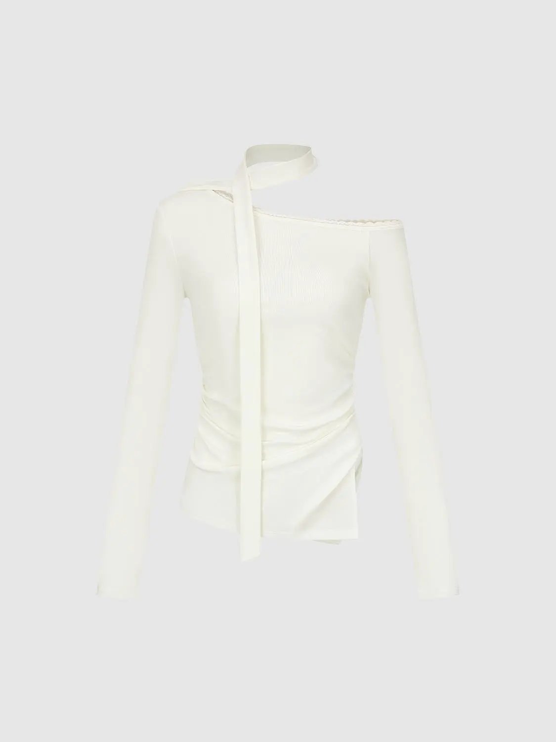 Off Shoulder Lace Trim Long Sleeve T-shirt
