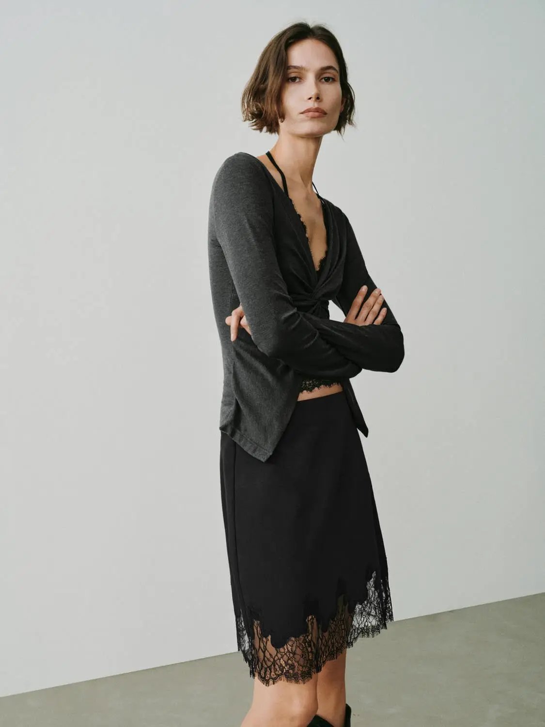 Lace Trimmed Twisted Long Sleeve Wrap Top