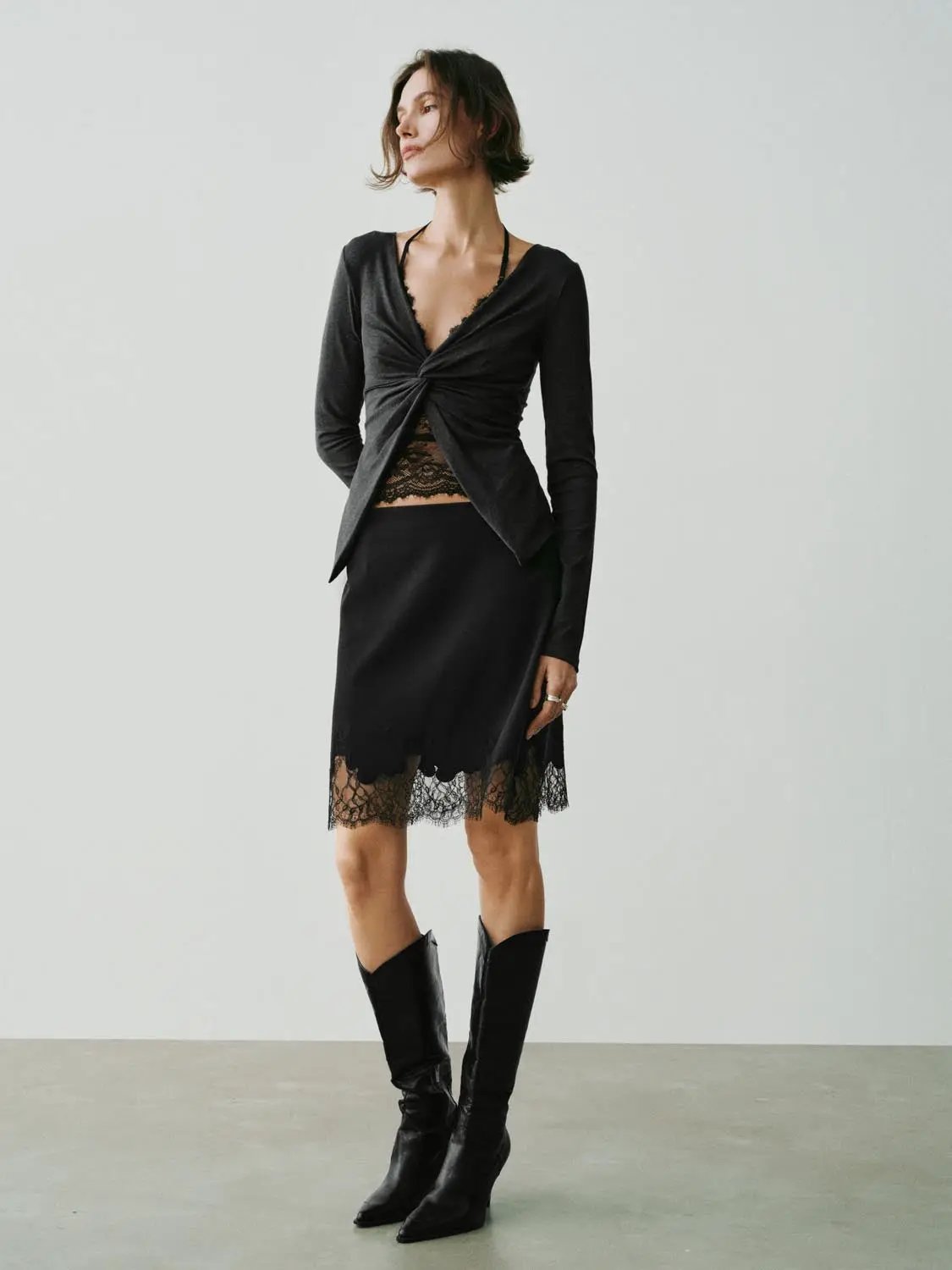 Lace Trimmed Twisted Long Sleeve Wrap Top