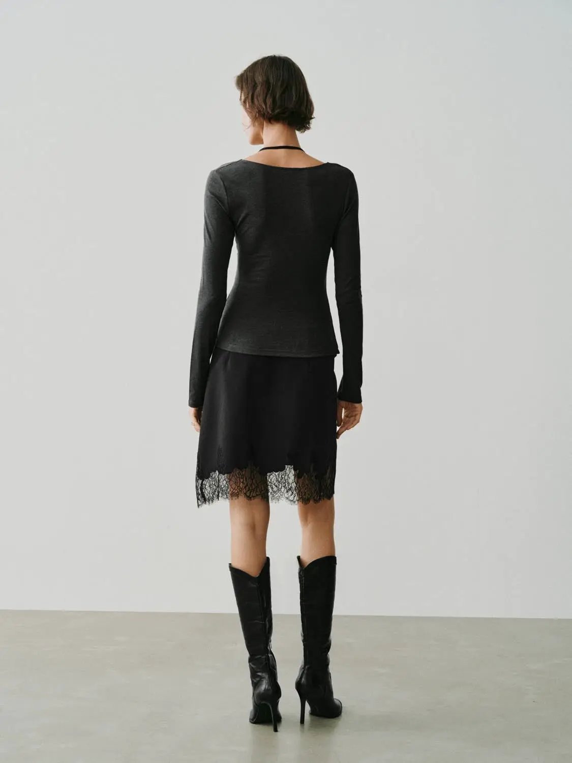 Lace Trimmed Twisted Long Sleeve Wrap Top