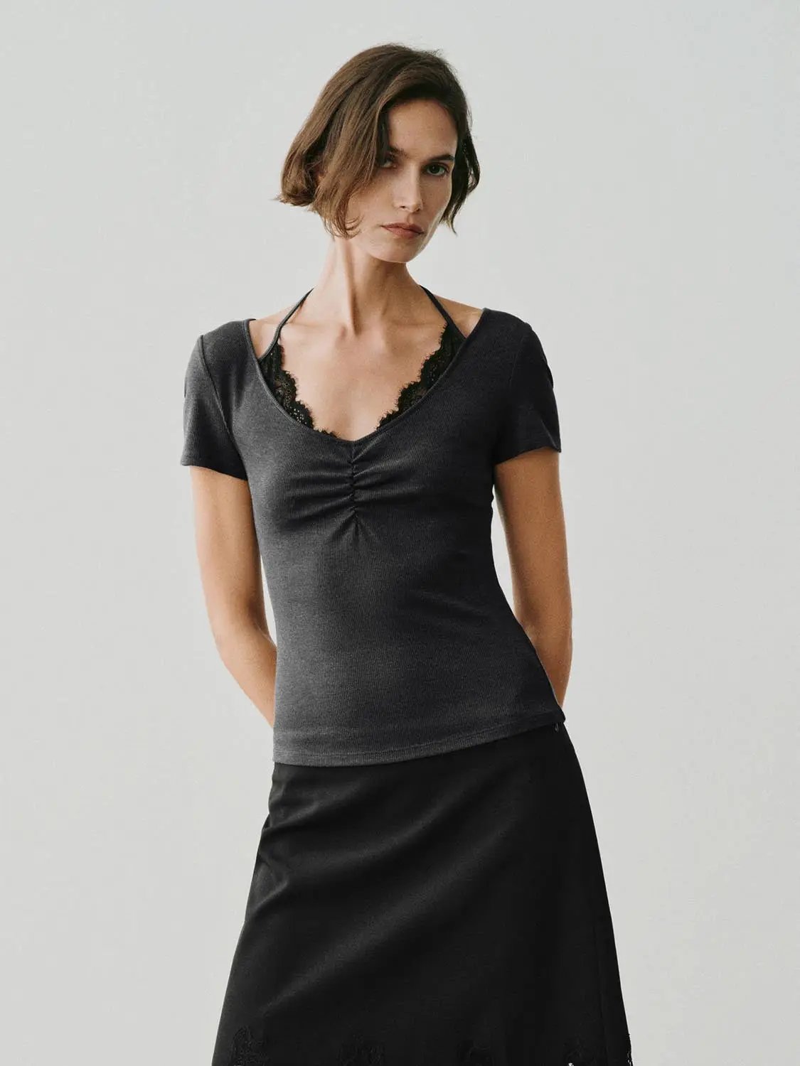 Ruched Lace V-neck T-shirt
