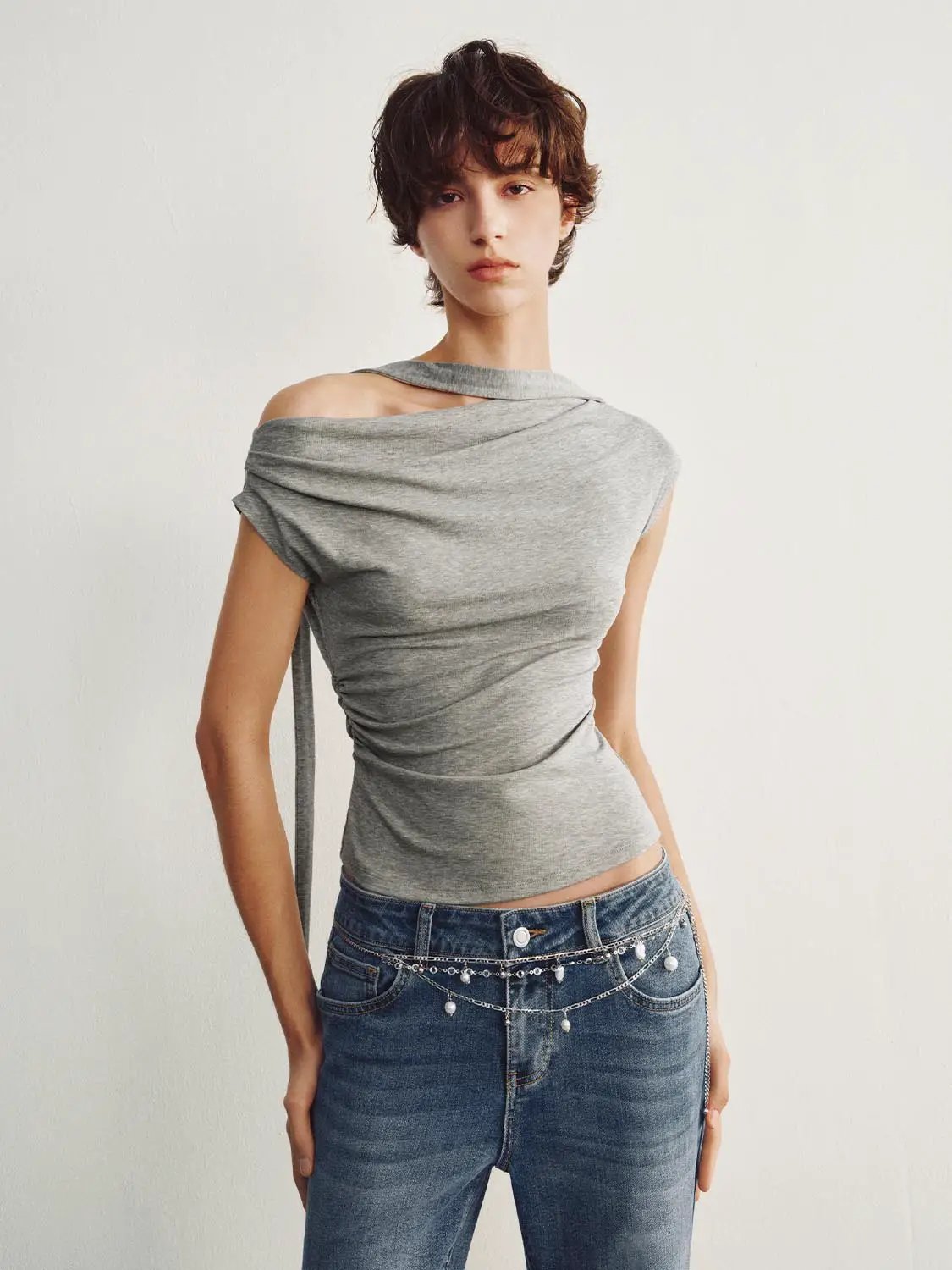 Asymmetric Shoulder Neck Tie Lyocell T-shirt