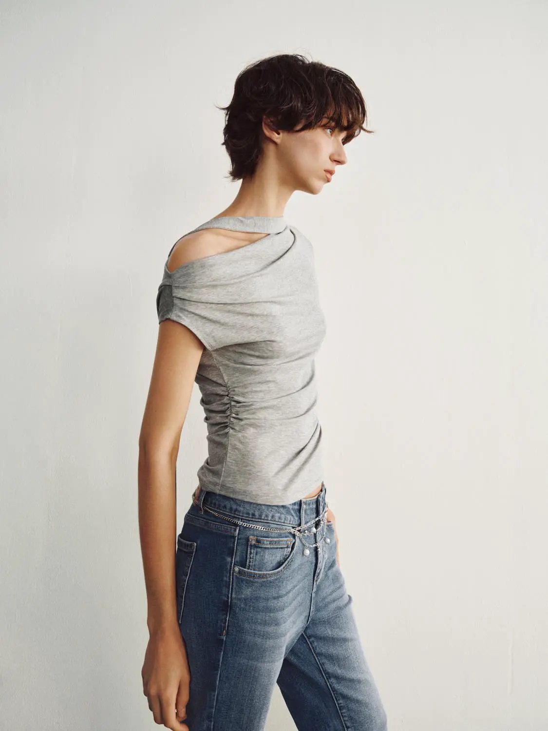 Asymmetric Shoulder Neck Tie Lyocell T-shirt