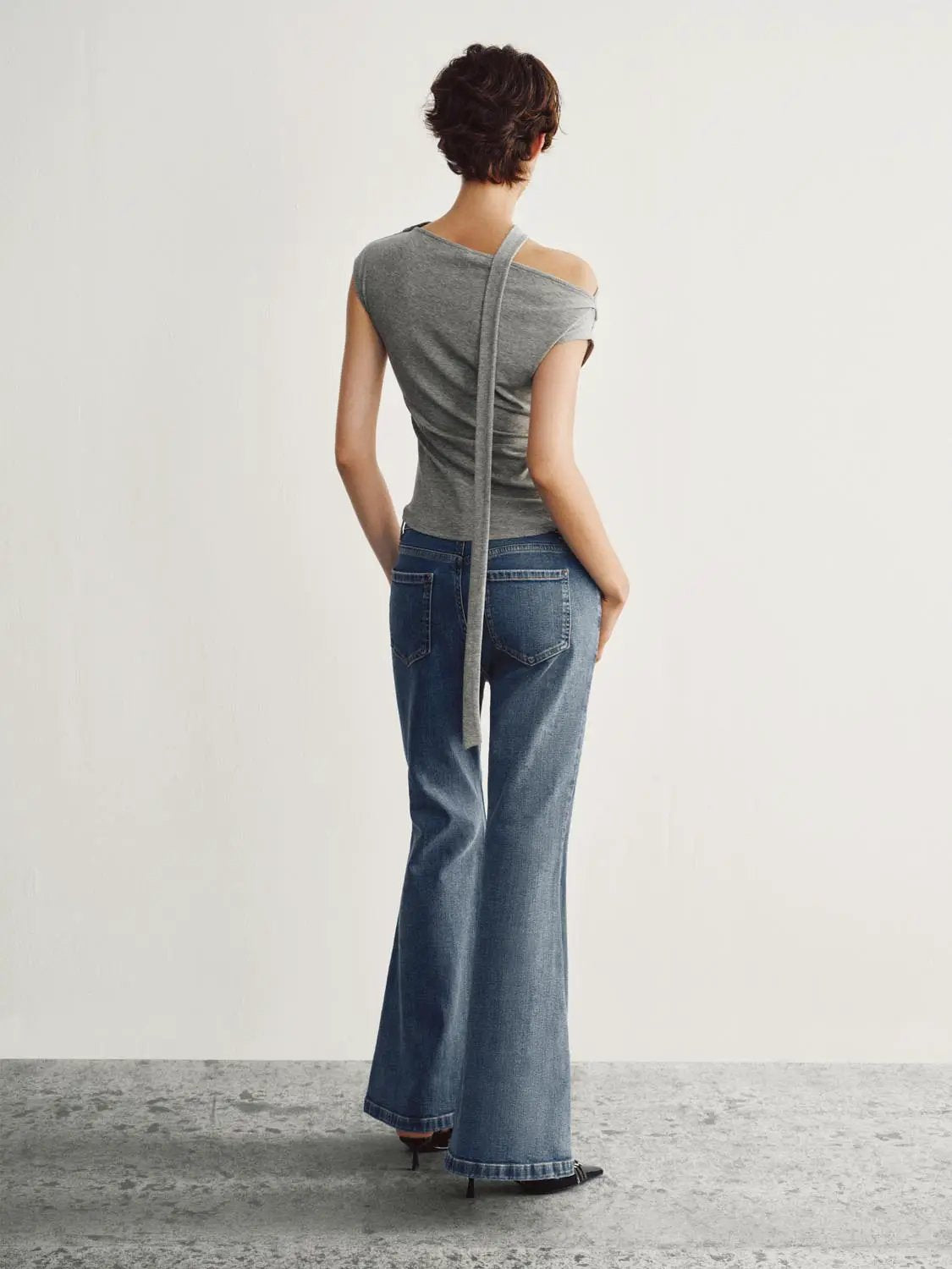 Asymmetric Shoulder Neck Tie Lyocell T-shirt