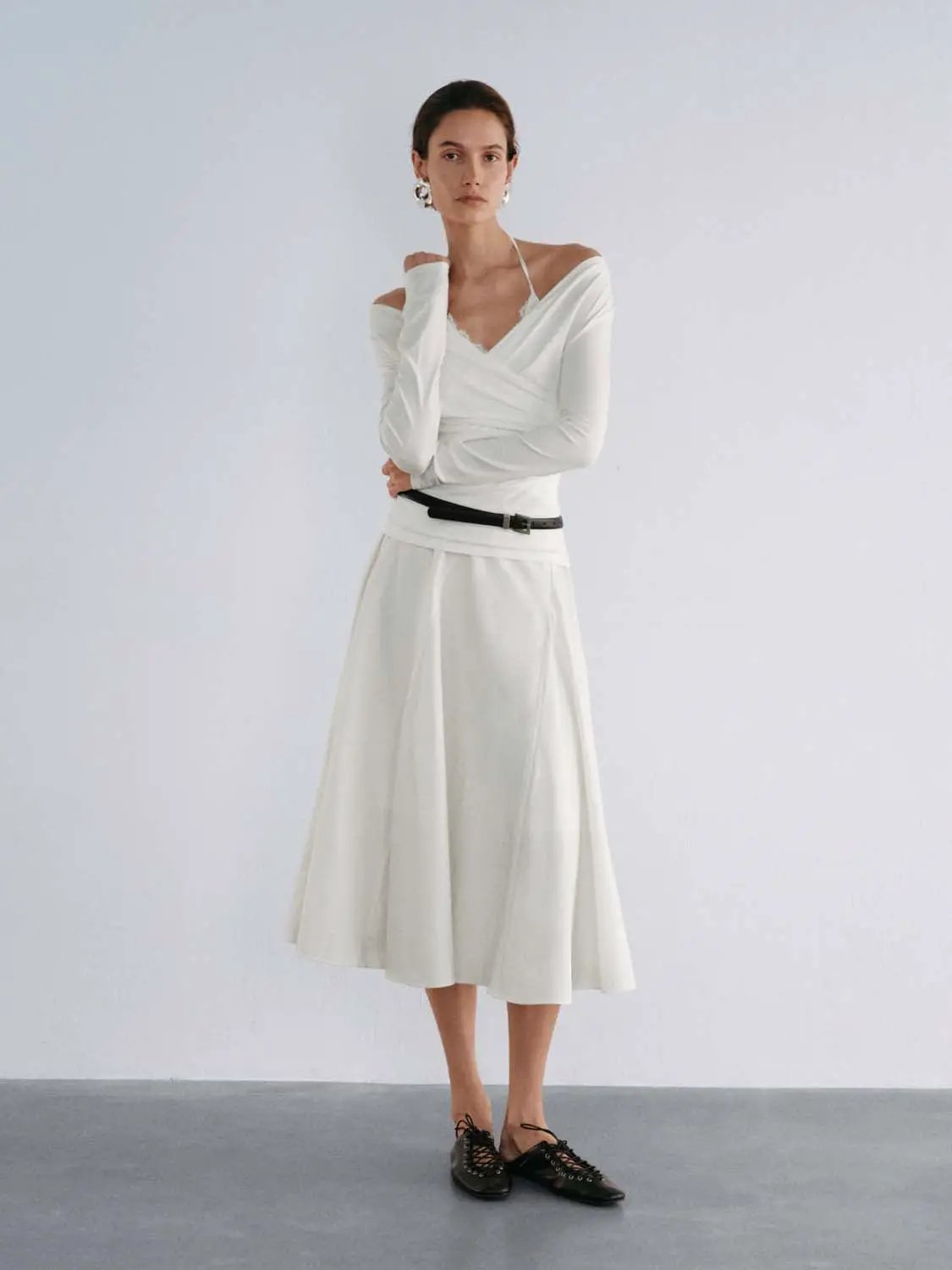 Ruched Wrap V-Neck Lace Trim Long Sleeve Top