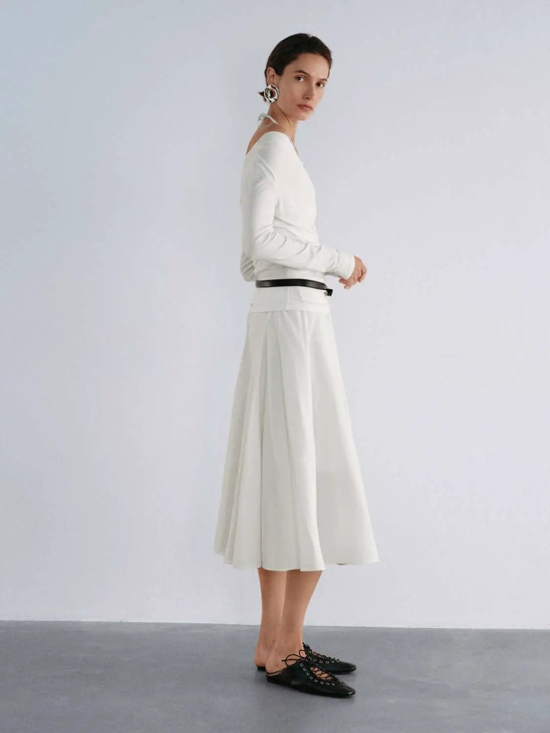 Ruched Wrap V-Neck Lace Trim Long Sleeve Top