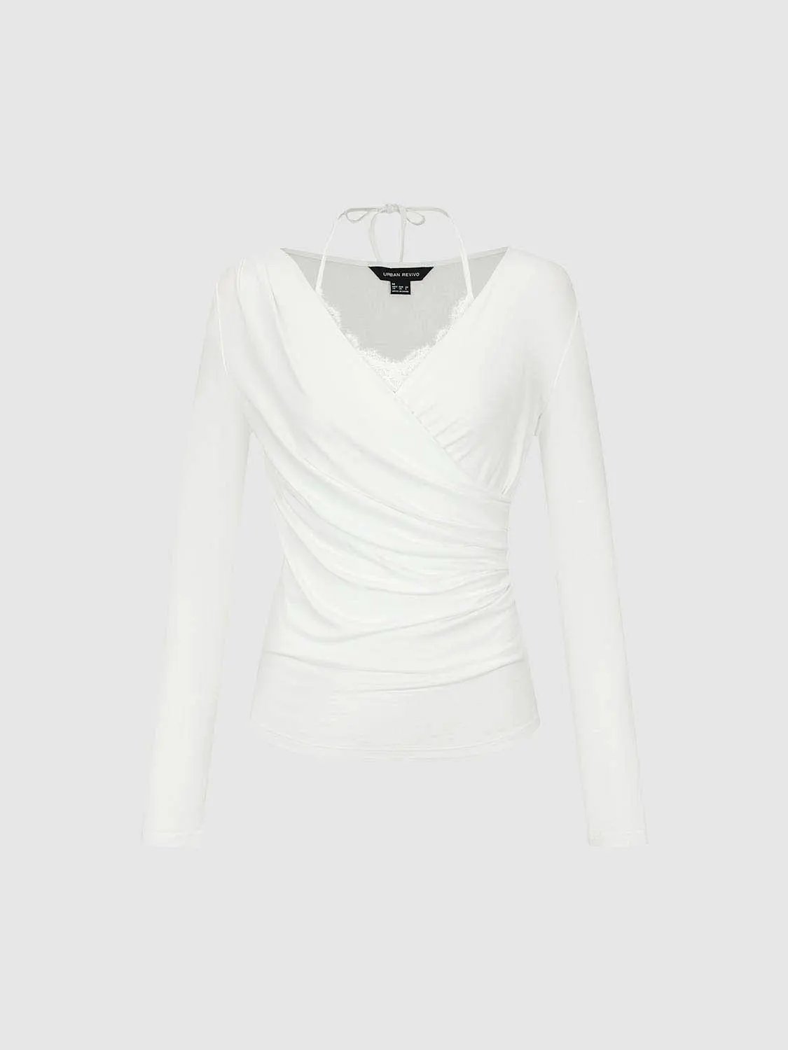 Ruched Wrap V-Neck Lace Trim Long Sleeve Top