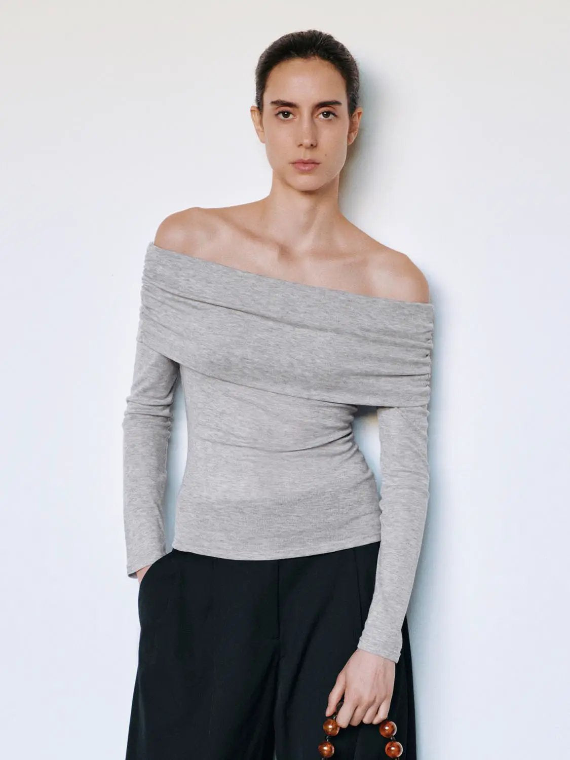 Heather Ruched Off-Shoulder Fitted Long Sleeve T-Shirt