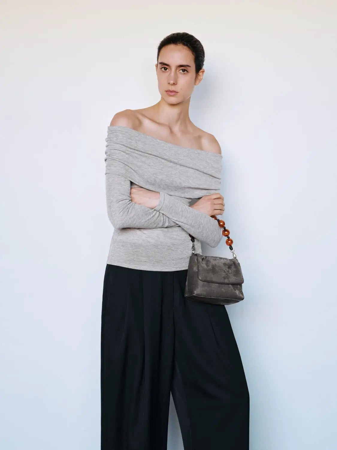 Heather Ruched Off-Shoulder Fitted Long Sleeve T-Shirt